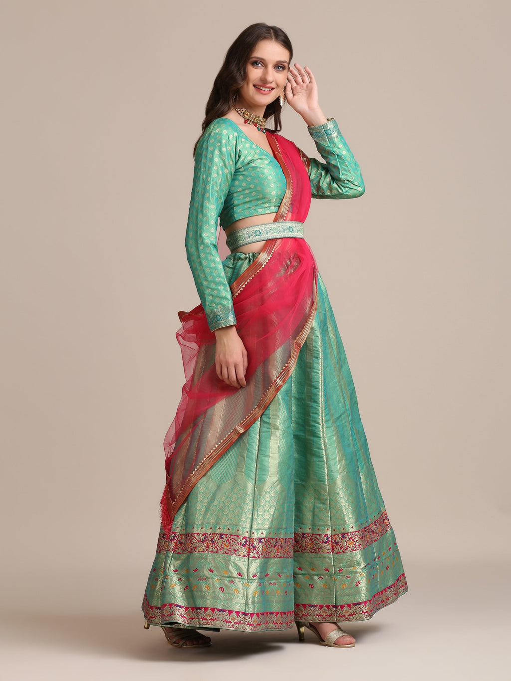 Sea Green Jacquard Silk Lehenga Choli with Gold Woven Work