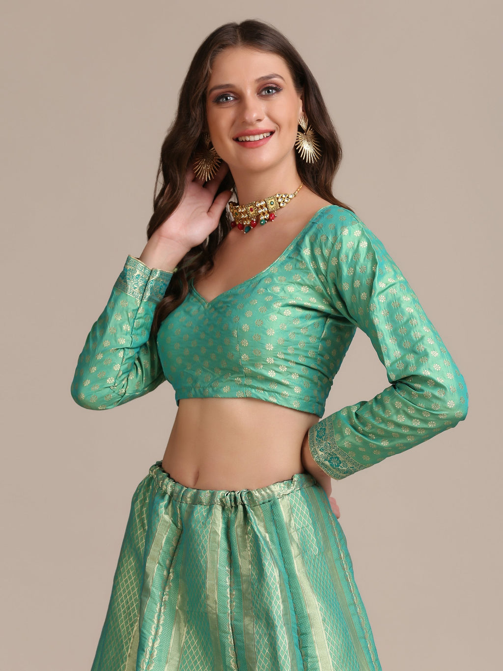 Sea Green Jacquard Silk Lehenga Choli with Gold Woven Work