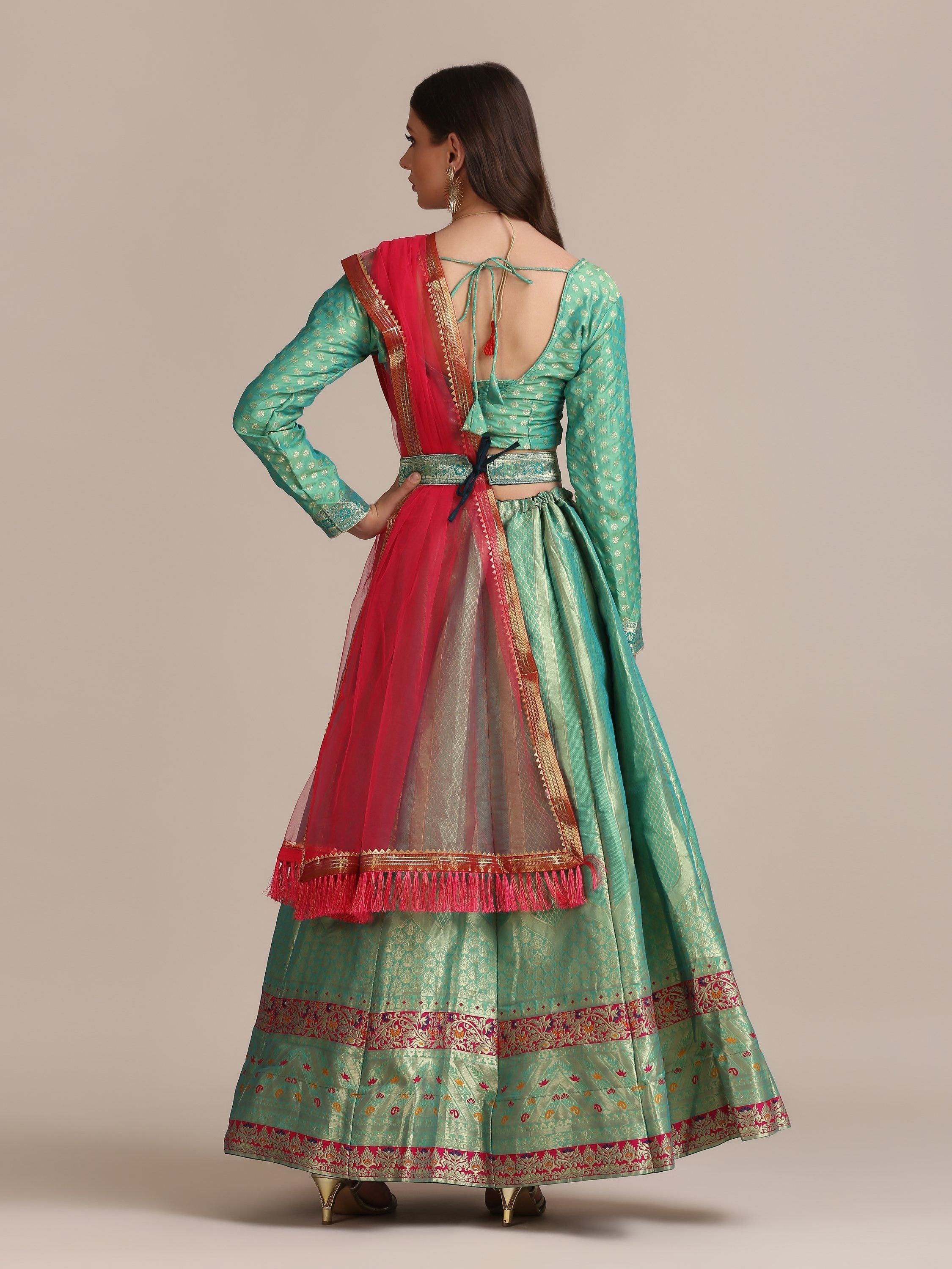 Sea Green Jacquard Silk Lehenga Choli with Gold Woven Work