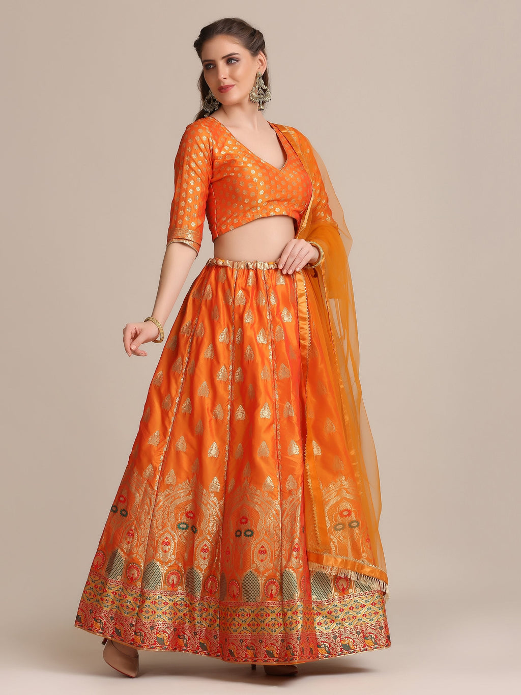 Orange Jacquard Silk Lehenga Choli with Gold Woven Details