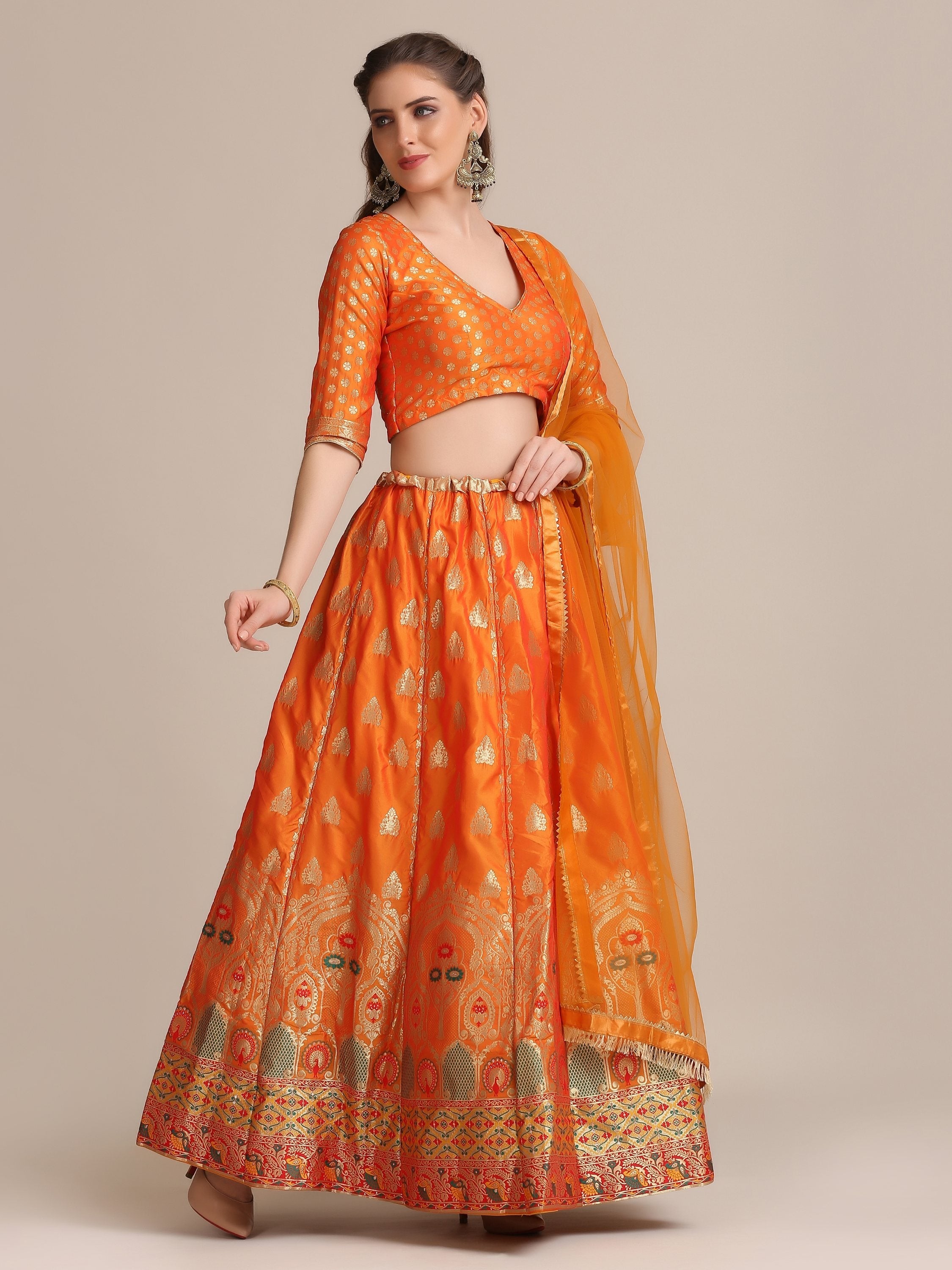 Orange Jacquard Silk Lehenga Choli with Gold Woven Details