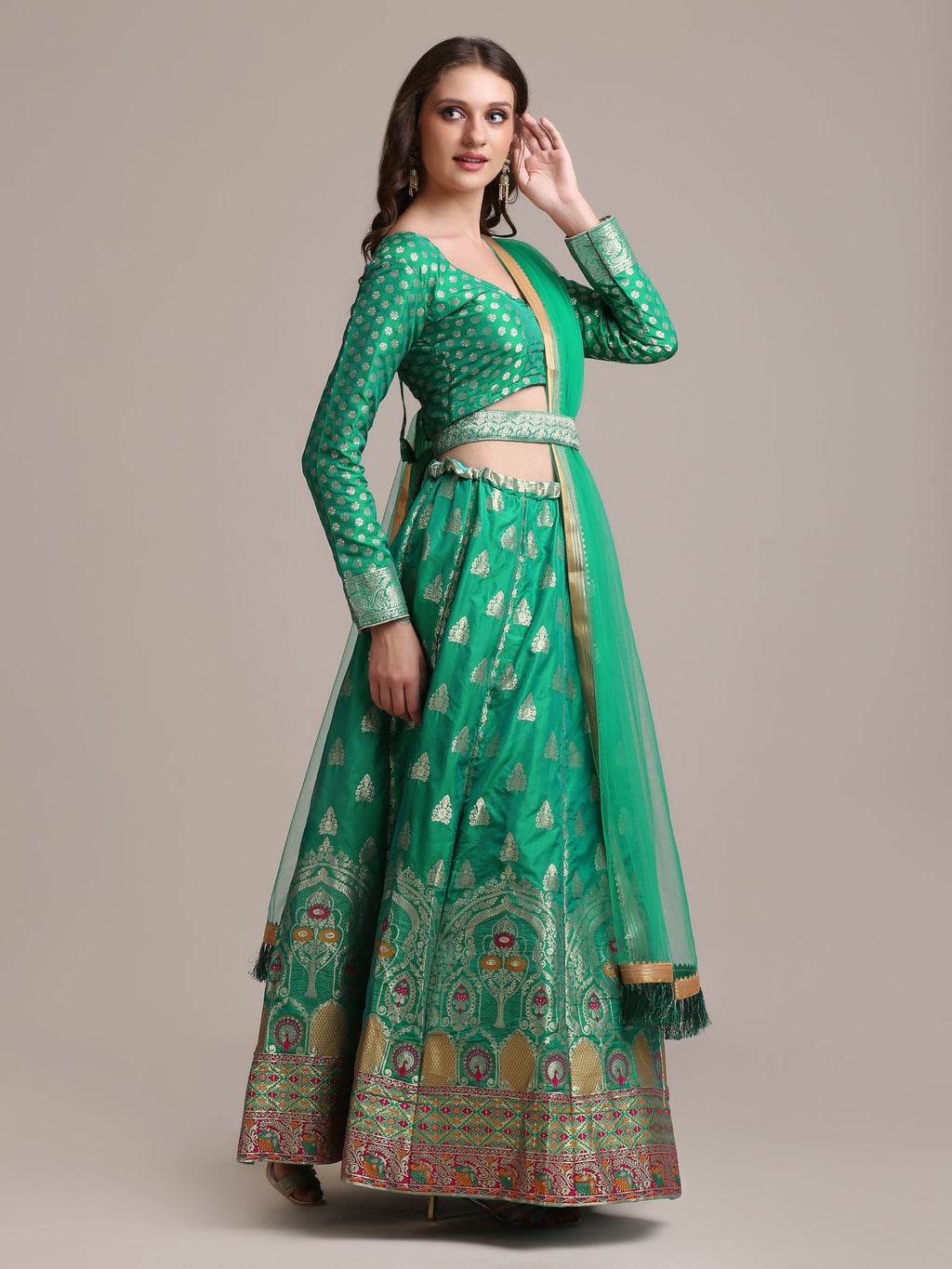Rama Jacquard Silk Lehenga Choli with Gold Woven Details