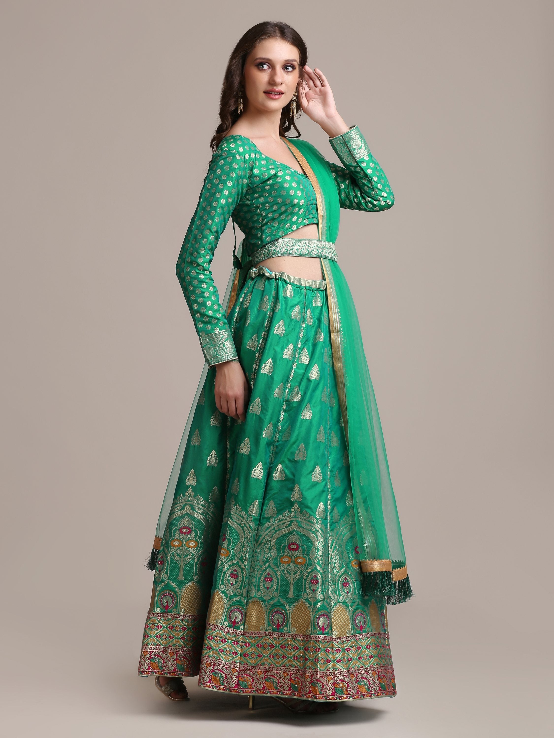 Rama Jacquard Silk Lehenga Choli with Gold Woven Details