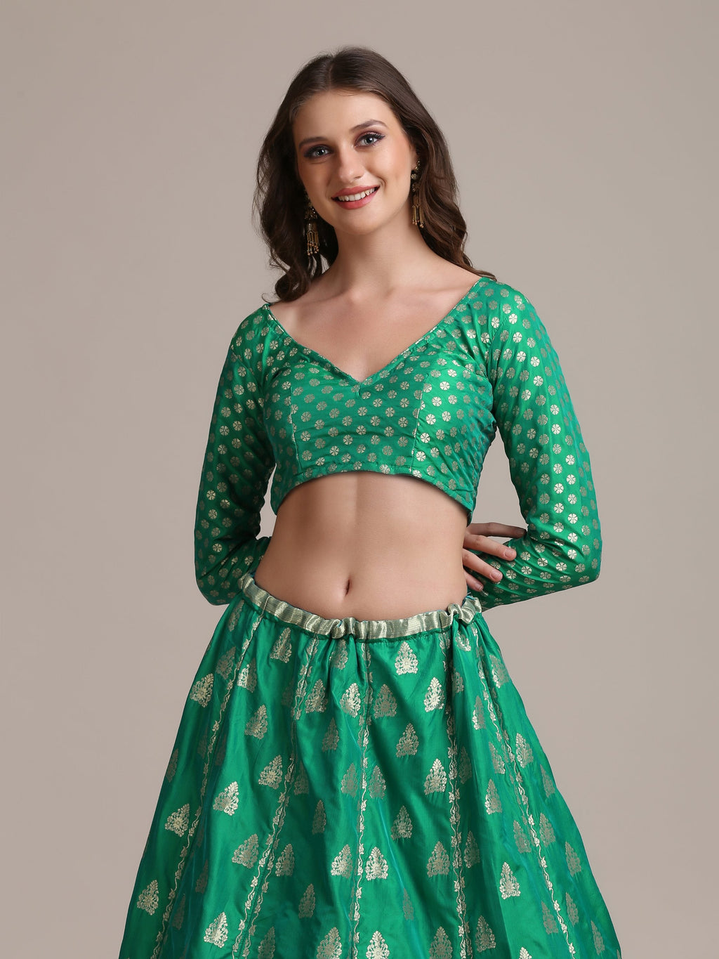 Rama Jacquard Silk Lehenga Choli with Gold Woven Details