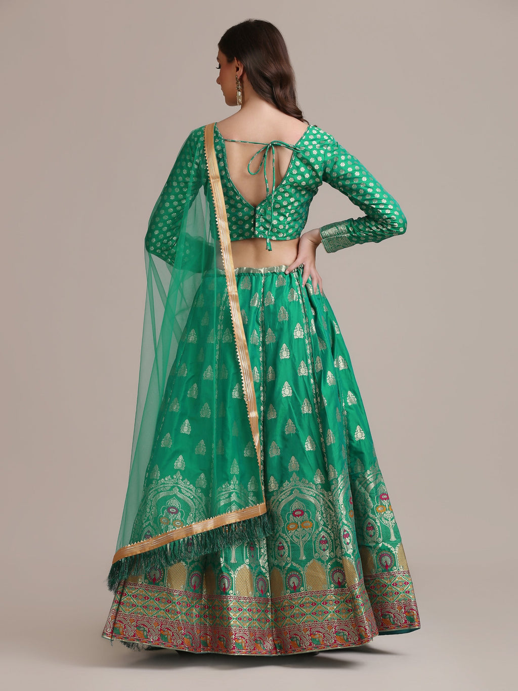 Rama Jacquard Silk Lehenga Choli with Gold Woven Details
