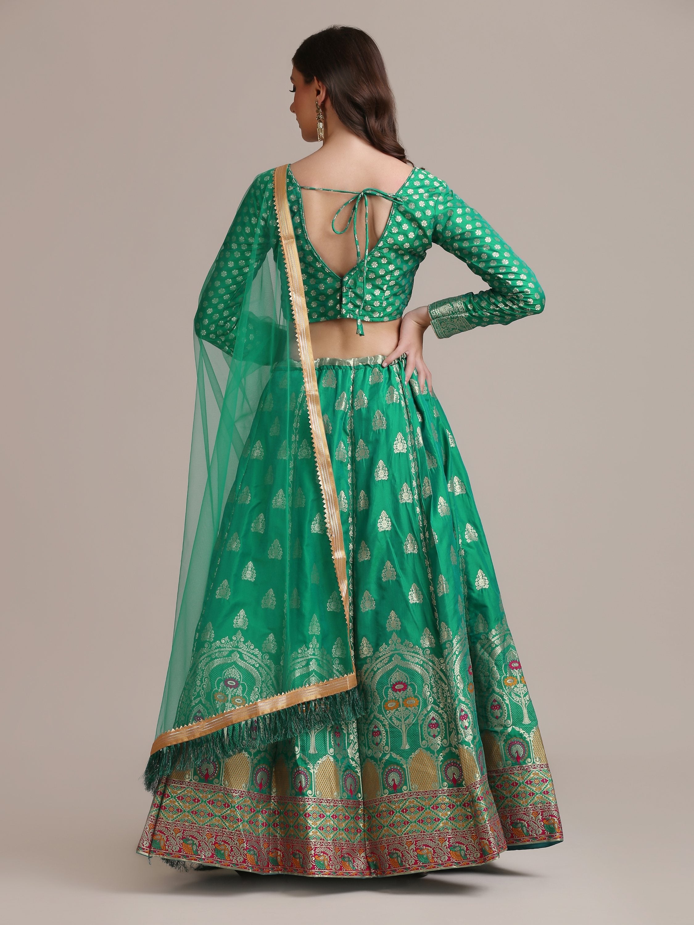 Rama Jacquard Silk Lehenga Choli with Gold Woven Details