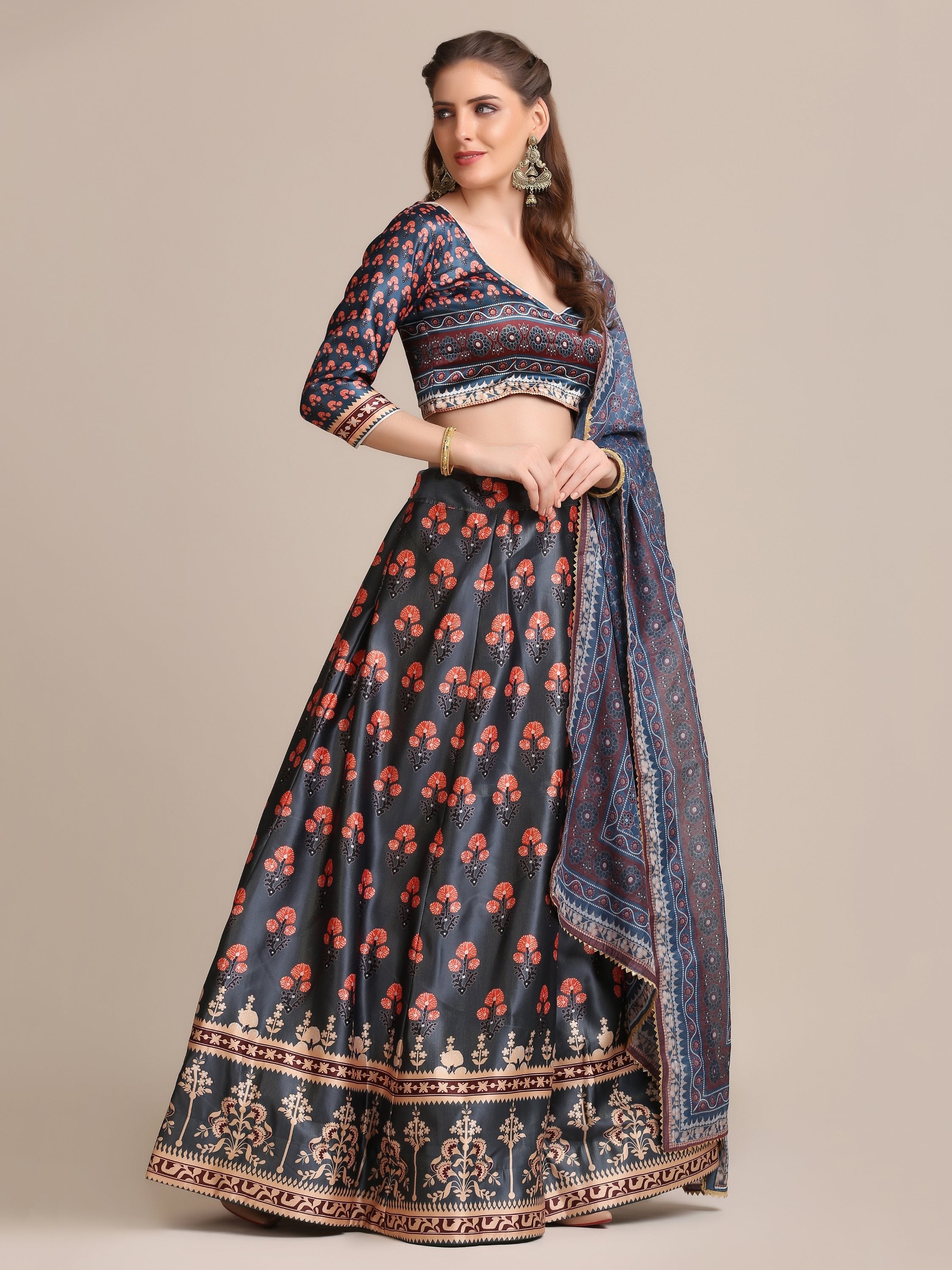 Dark Grey Jacquard Silk Floral Lehenga Choli with Dupatta