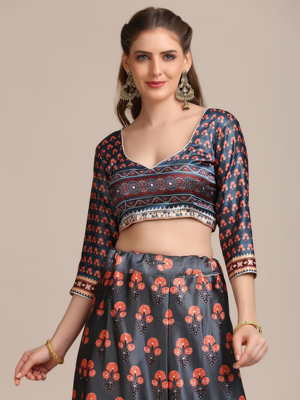 Dark Grey Jacquard Silk Floral Lehenga Choli with Dupatta