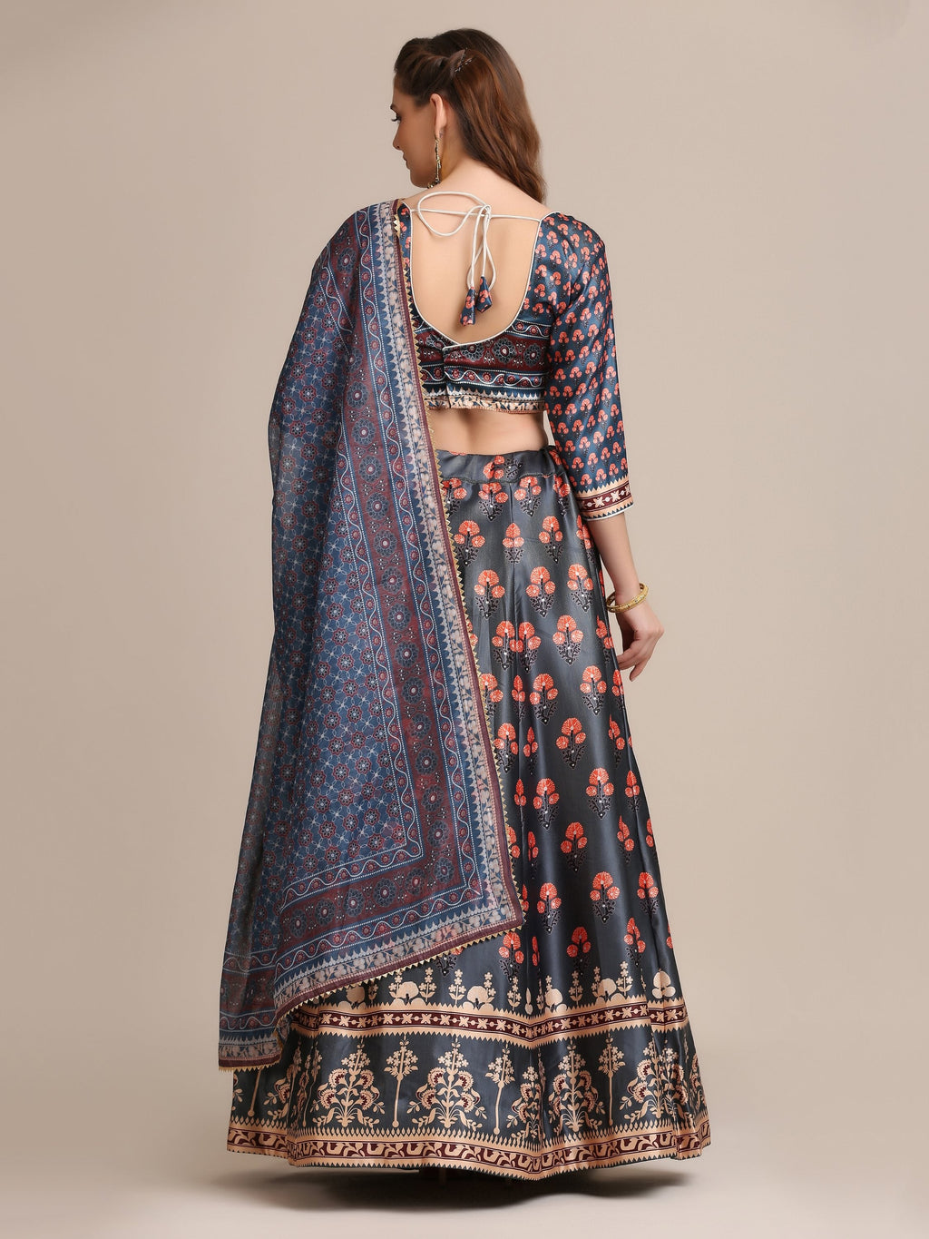 Dark Grey Jacquard Silk Floral Lehenga Choli with Dupatta