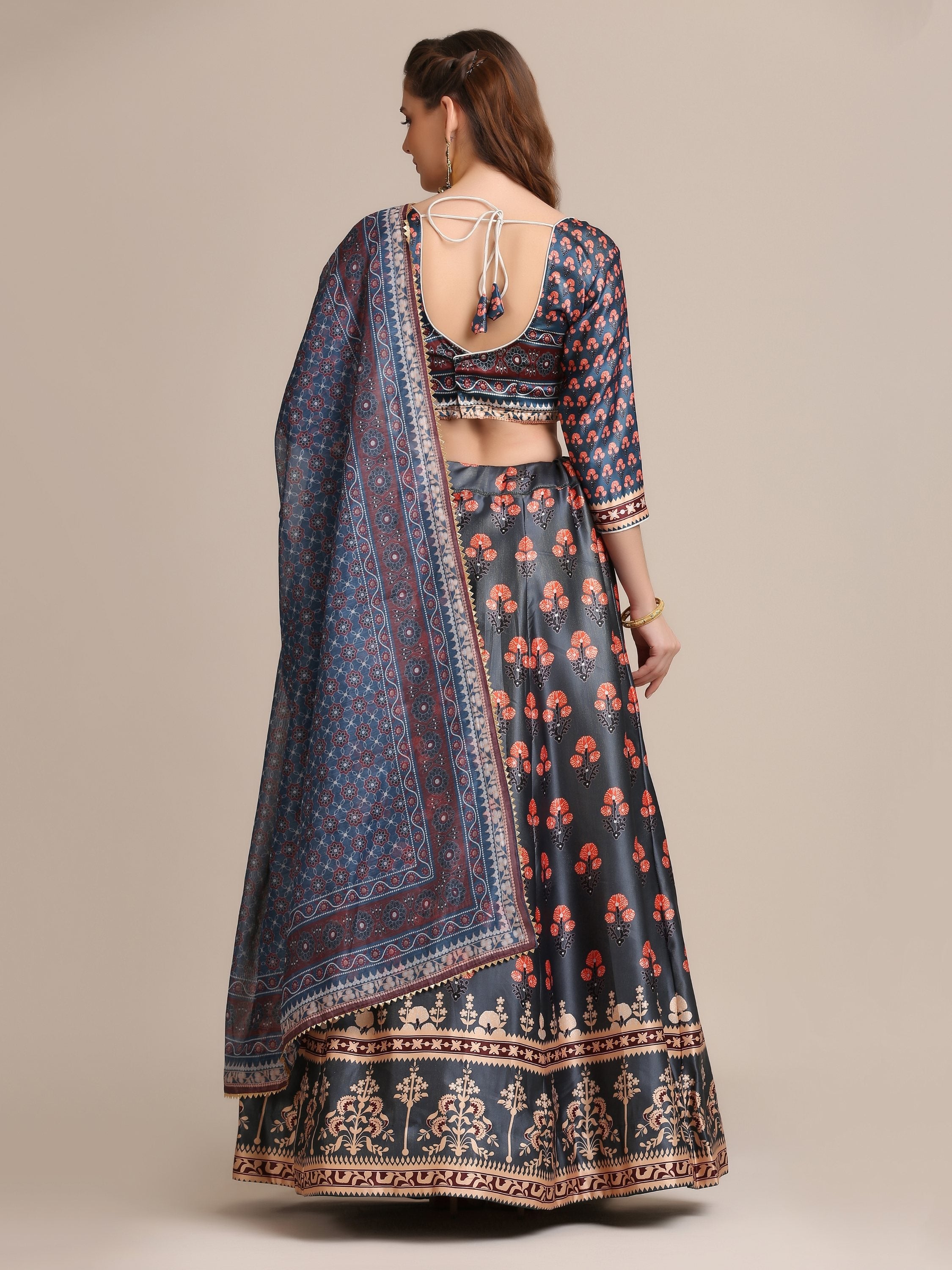 Dark Grey Jacquard Silk Floral Lehenga Choli with Dupatta