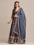 Dark grey jacquard silk lehenga with floral print, complete with cancan and dupatta
