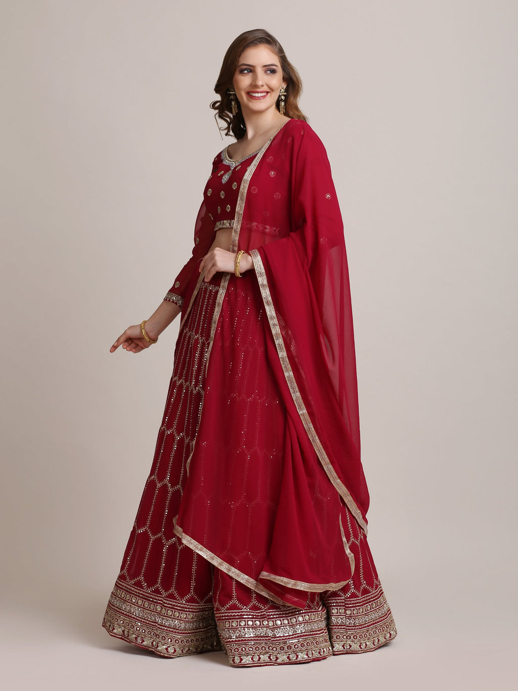 Maroon Georgette Sequins Lehenga Choli with Dupatta
