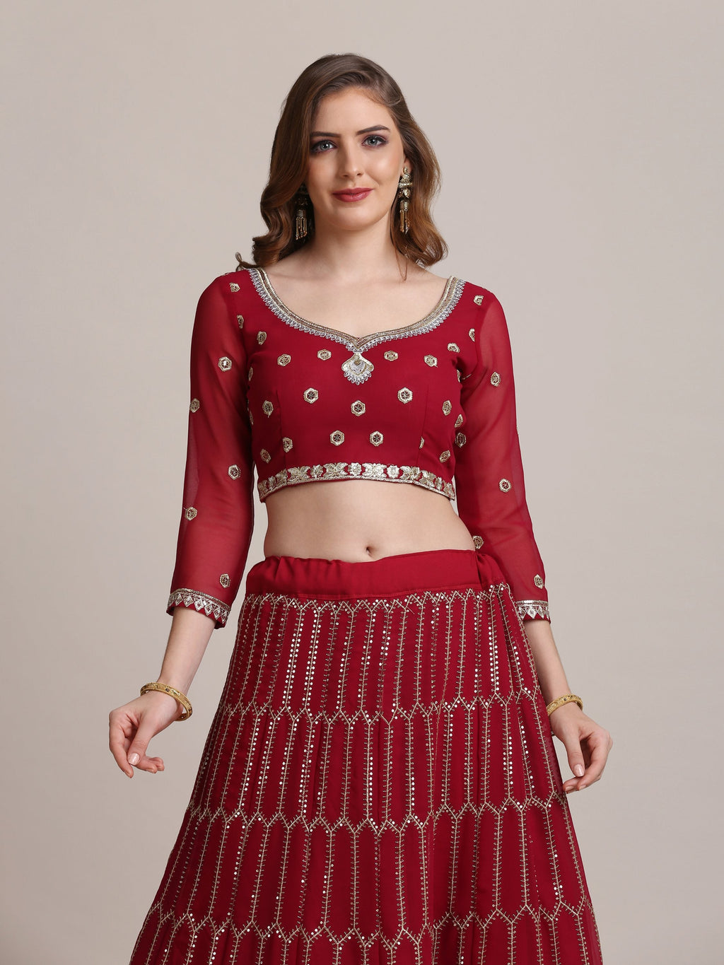 Maroon Georgette Sequins Lehenga Choli with Dupatta