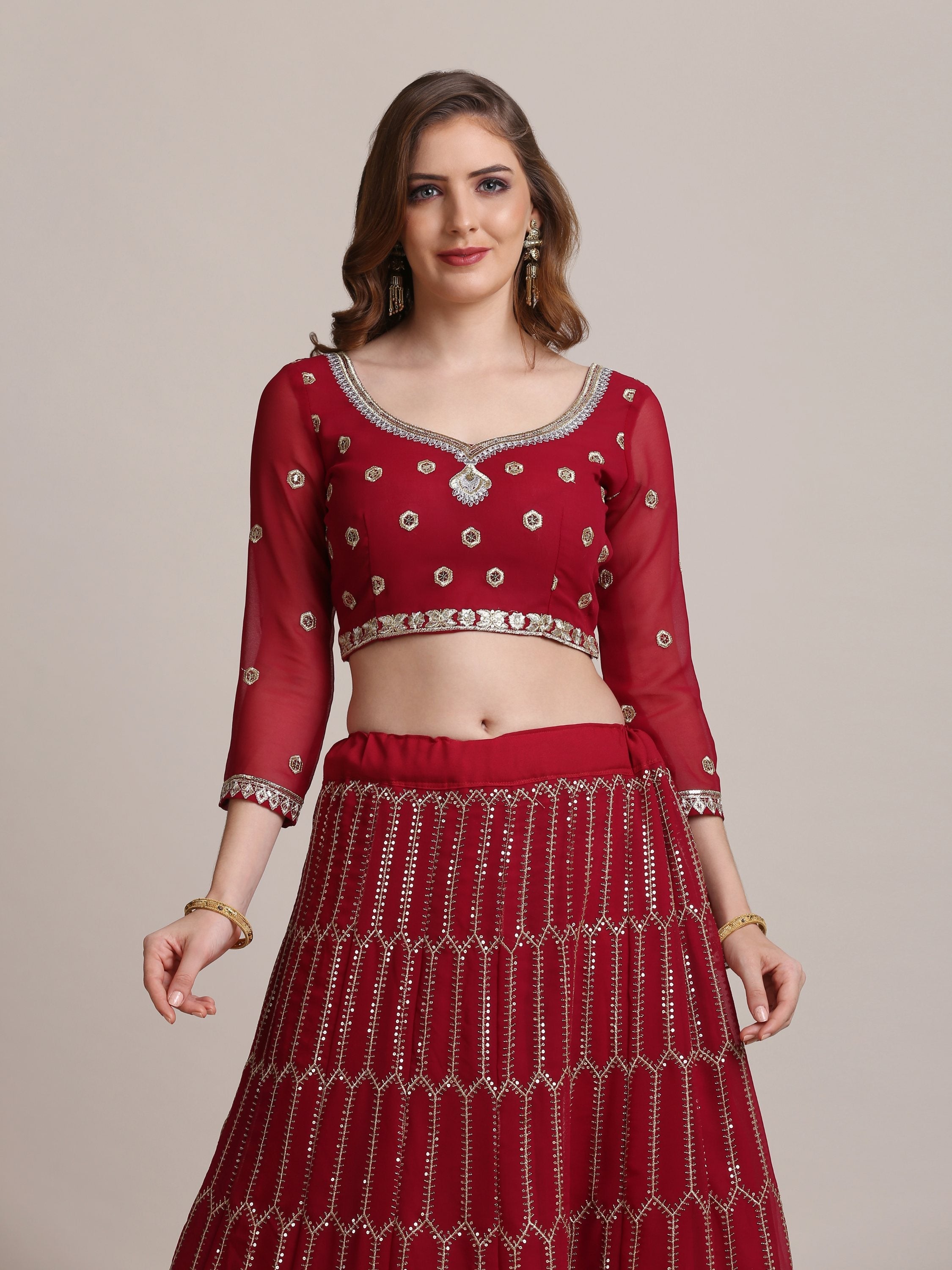 Maroon Georgette Sequins Lehenga Choli with Dupatta
