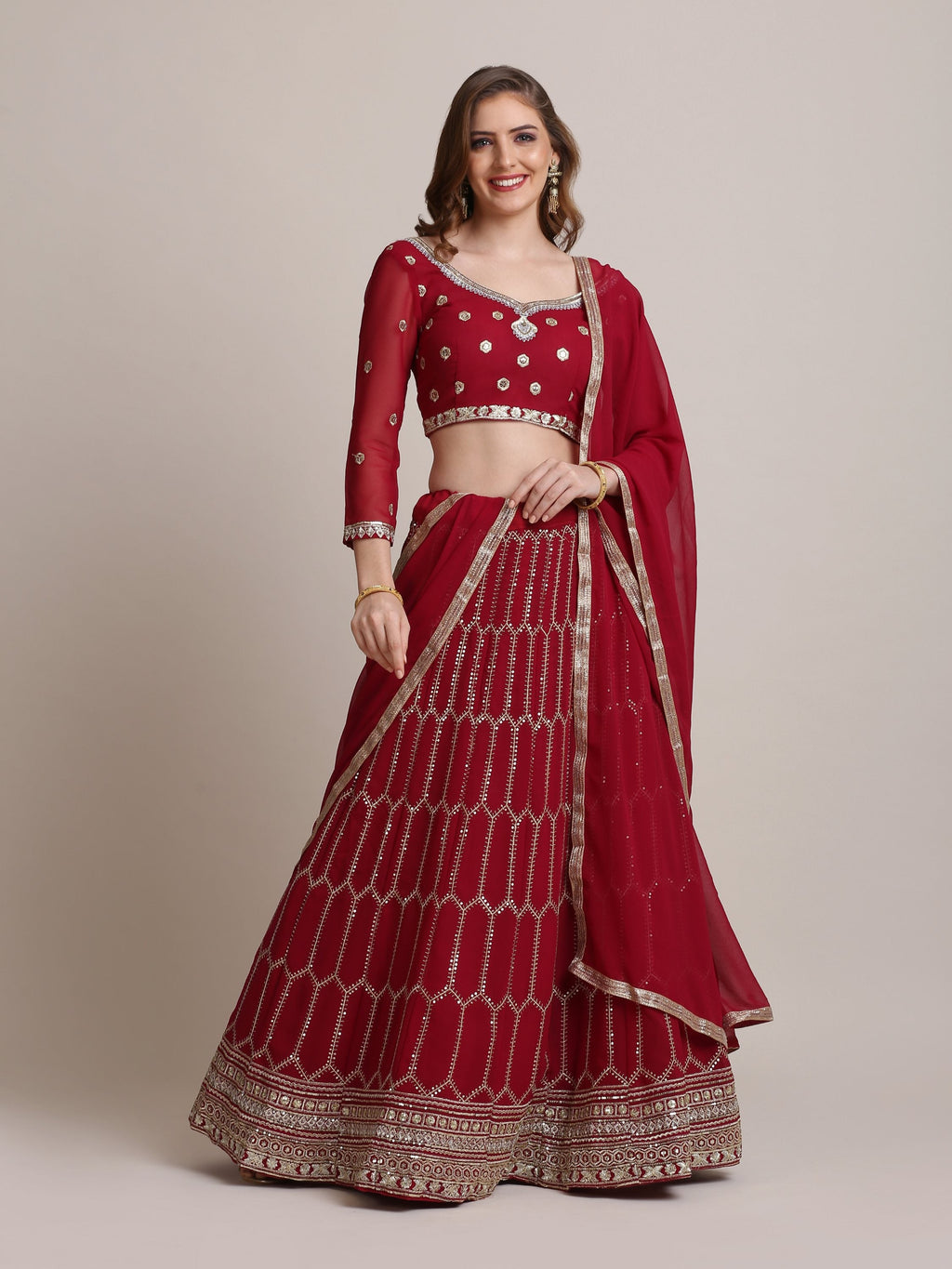 Maroon Georgette lehenga choli with sequin embroidery and matching dupatta