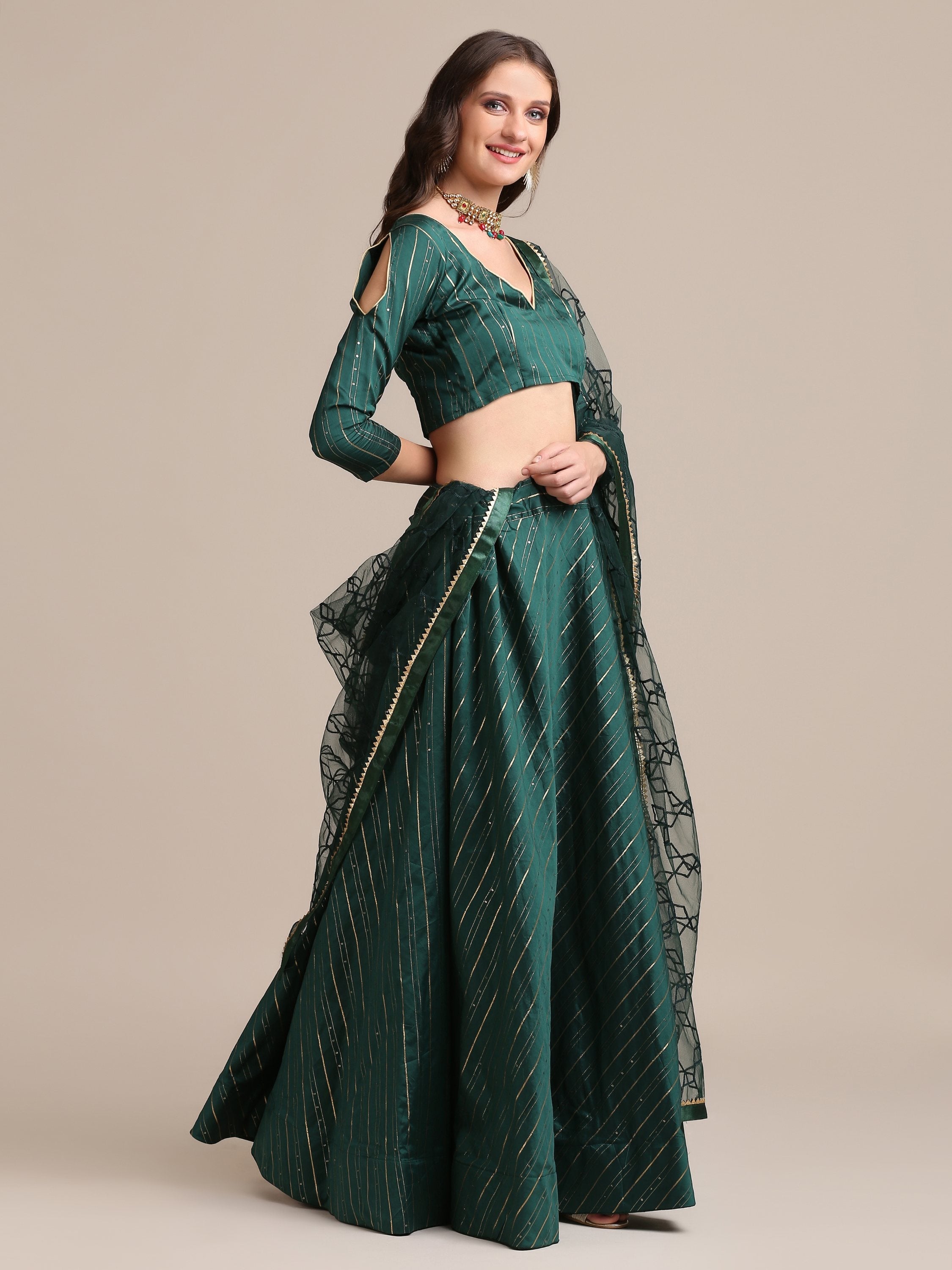 Bottle Green Georgette Sequin Lehenga Choli with Dupatta