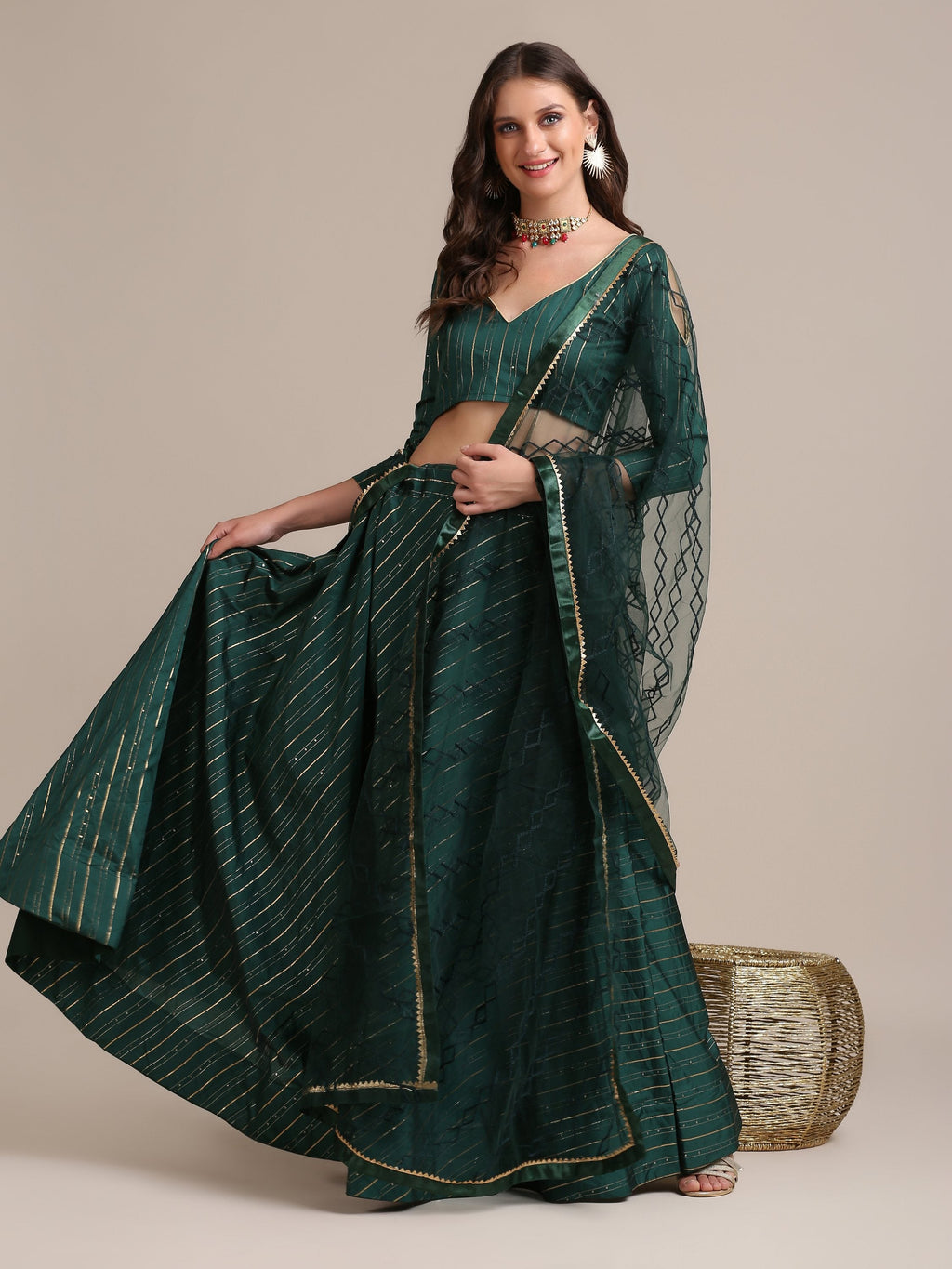 Bottle green georgette lehenga with sequin work and dupatta