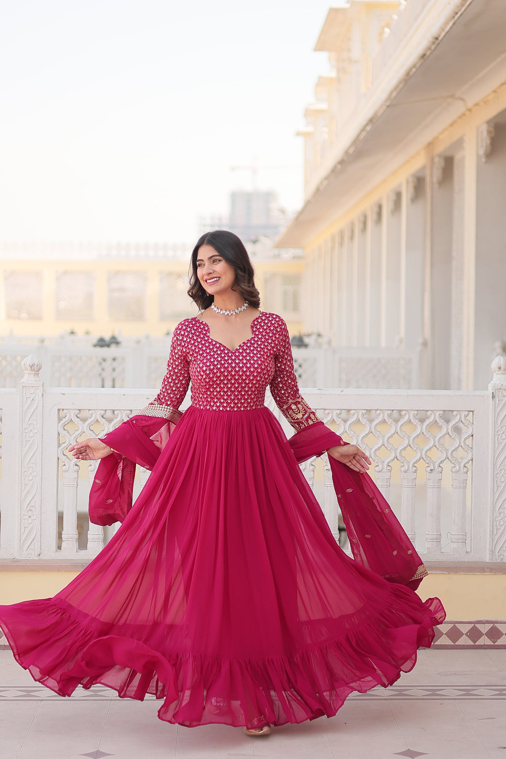 Rani Pink Faux Blooming Anarkali Kurta Set with Zari Embroidery