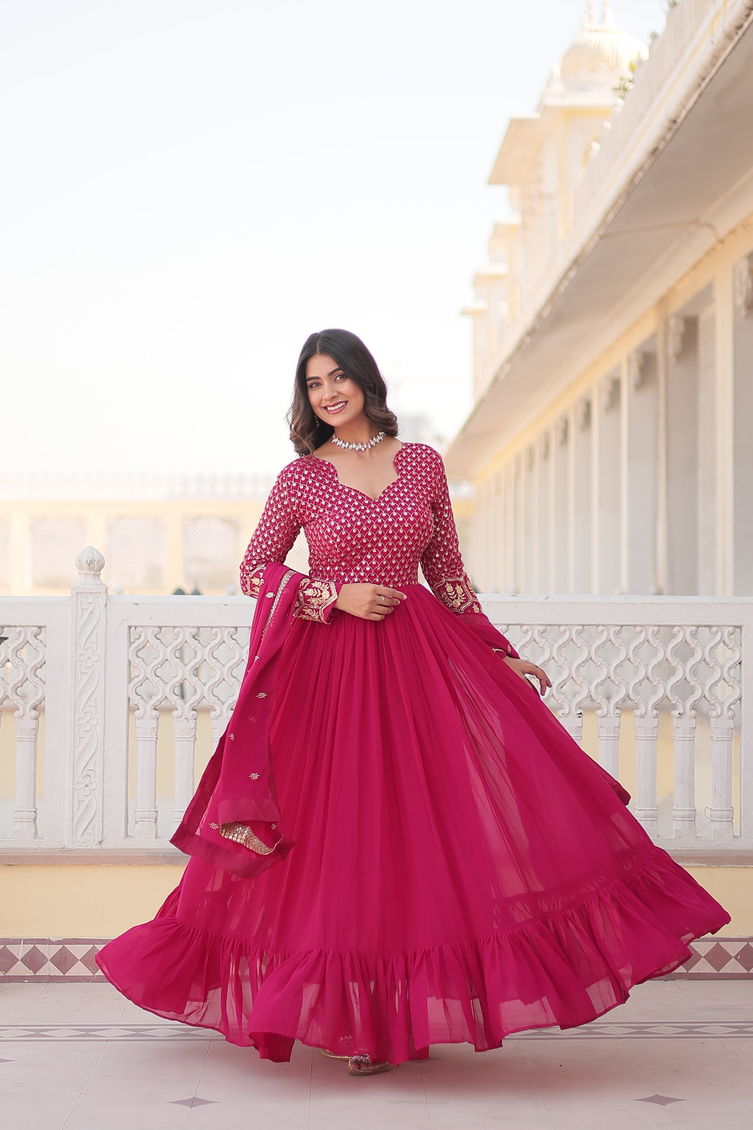 Rani Pink Faux Blooming Anarkali Kurta Set with Zari Embroidery