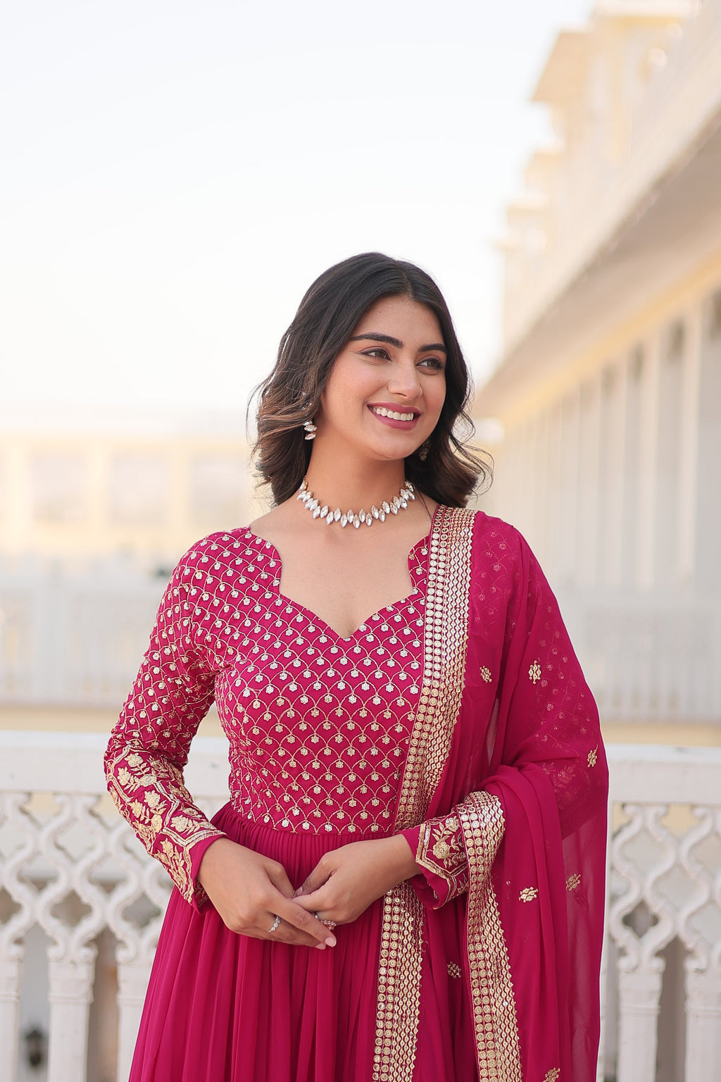 Rani Pink Faux Blooming Anarkali Kurta Set with Zari Embroidery