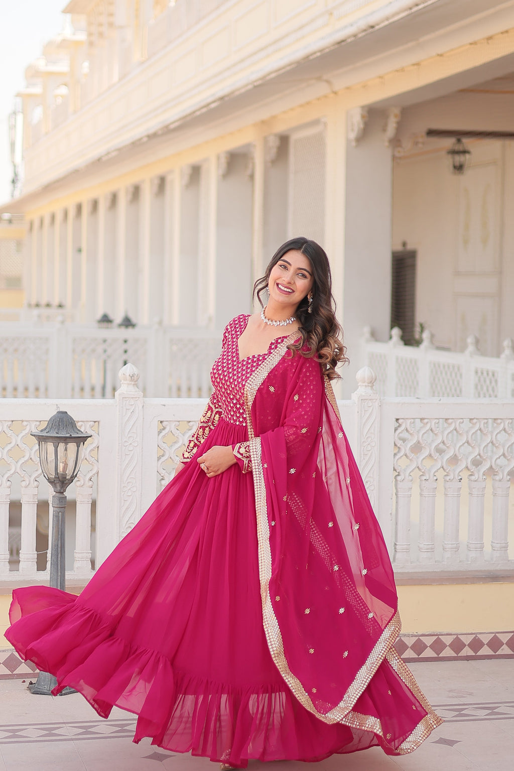 Rani Pink Faux Blooming Anarkali Kurta with Zari and sequins embroidery and matching dupatta