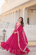 Rani Pink Faux Blooming Anarkali Kurta with Zari and sequins embroidery and matching dupatta