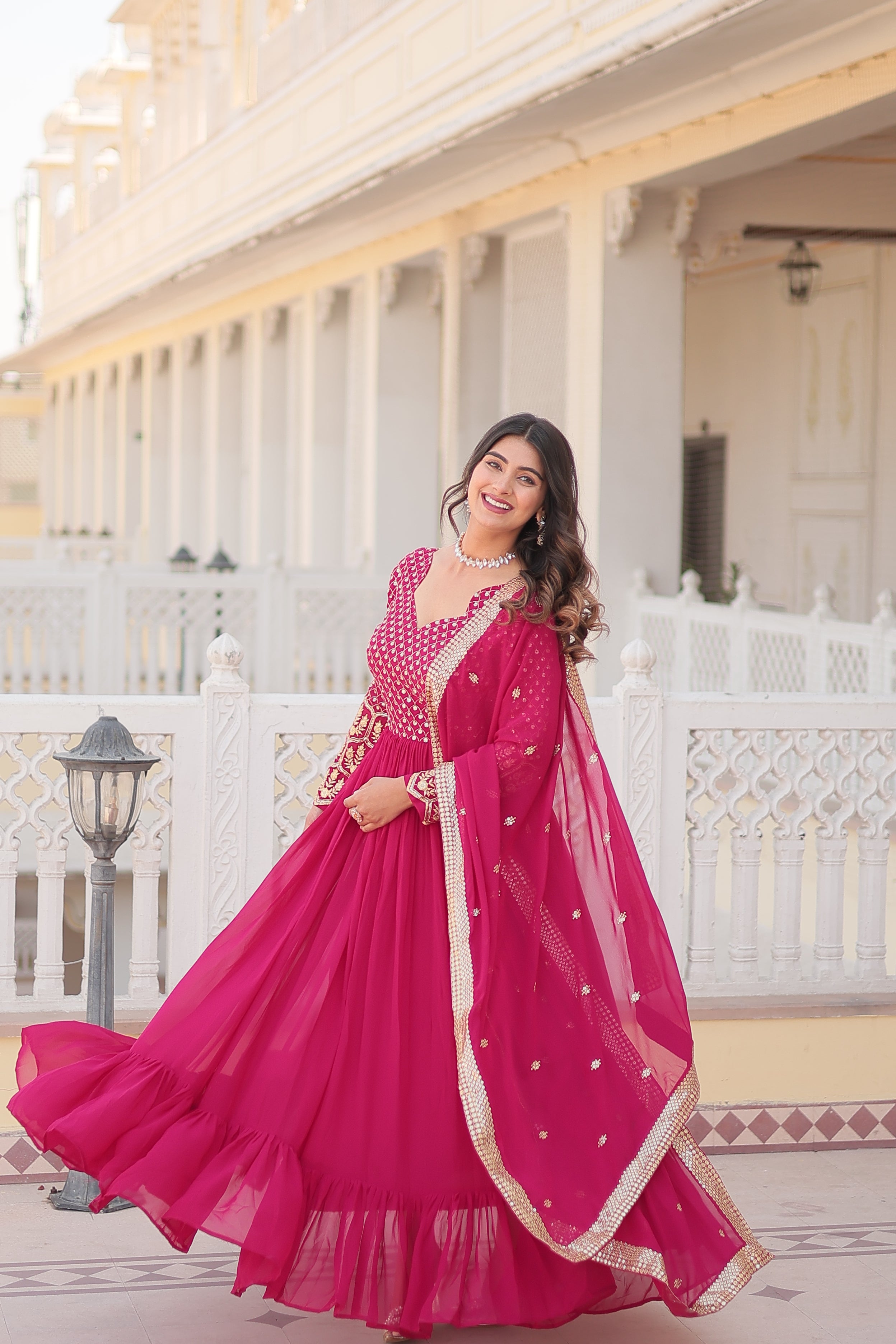 Rani Pink Faux Blooming Anarkali Kurta with Zari and sequins embroidery and matching dupatta