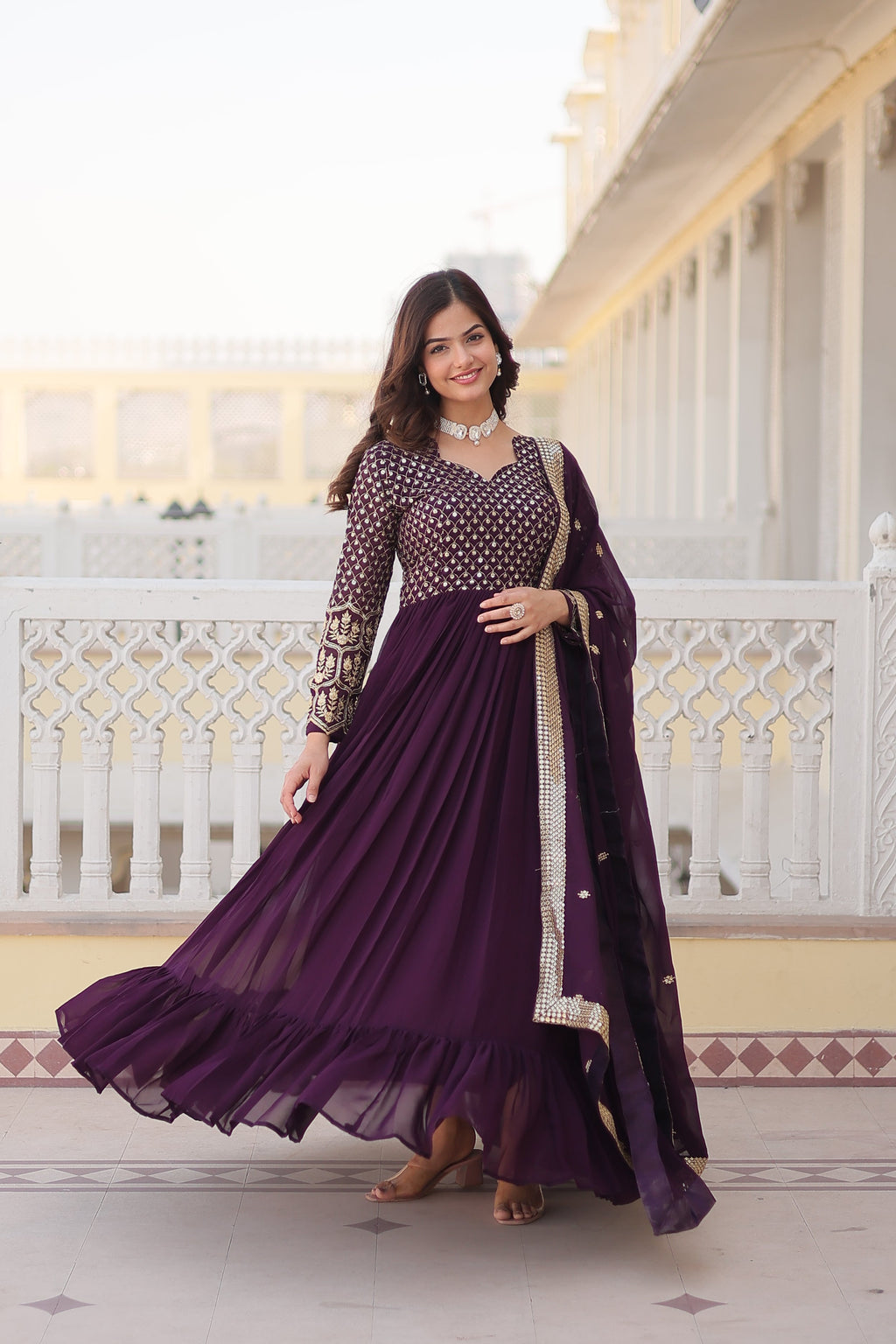 Wine Faux Blooming Sequined Zari Embroidered Anarkali Kurta Set