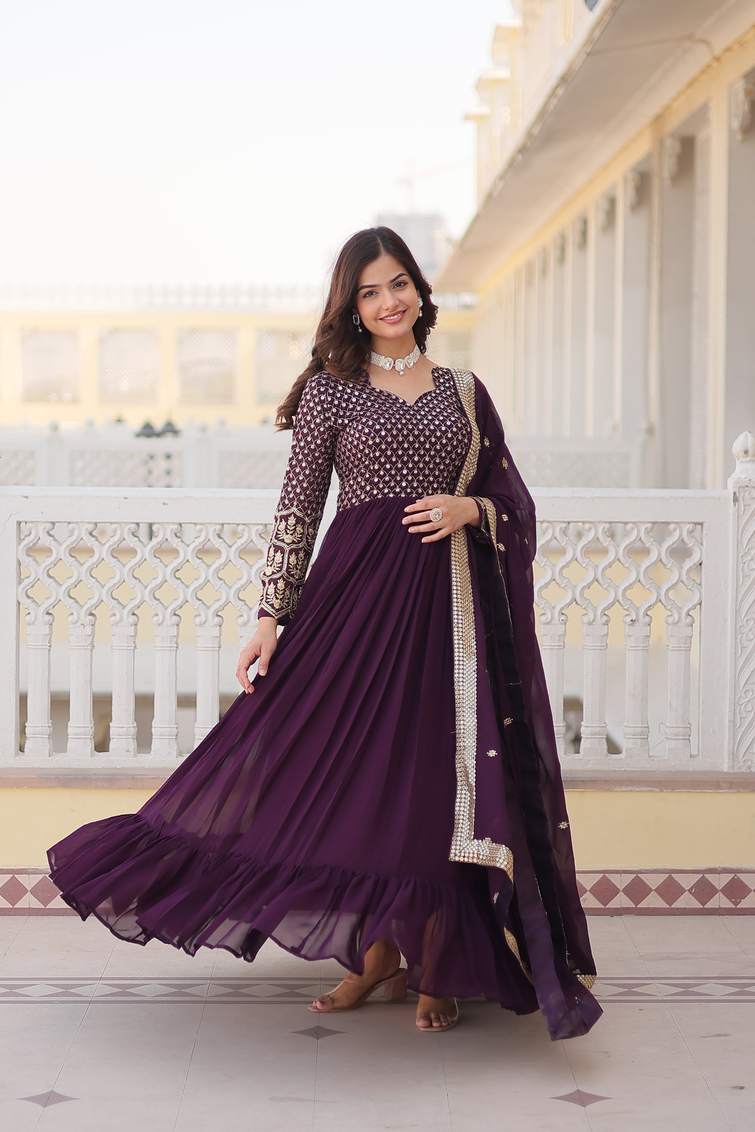 Wine Faux Blooming Sequined Zari Embroidered Anarkali Kurta Set