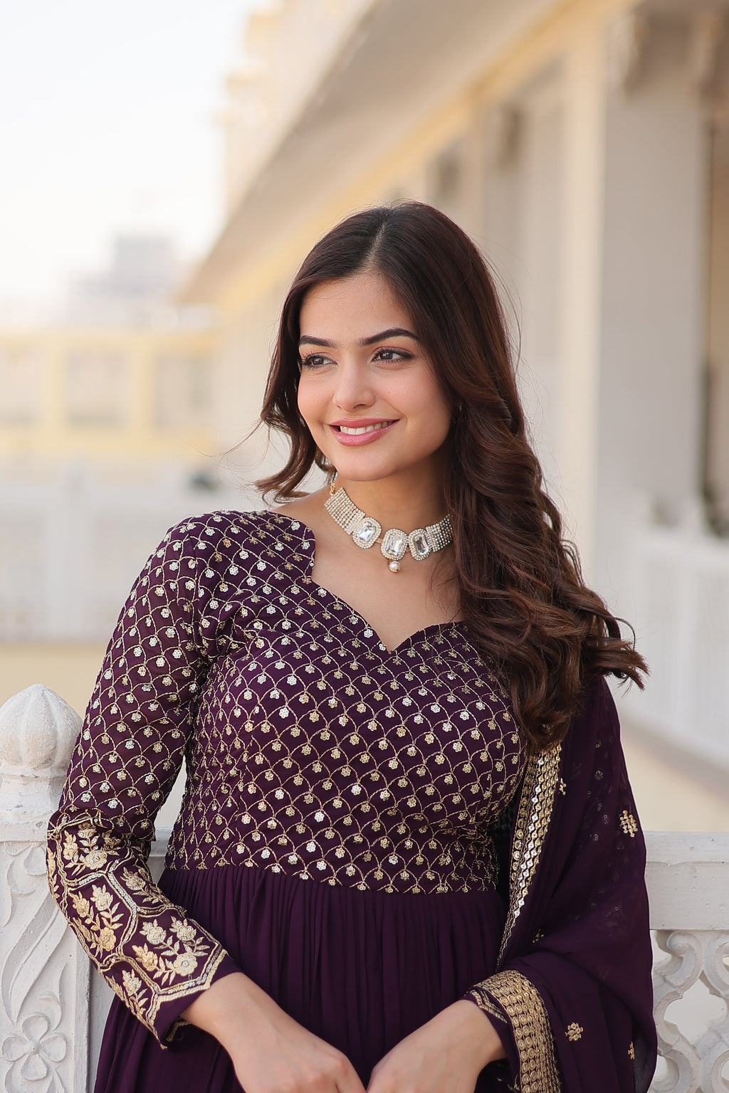 Wine Faux Blooming Sequined Zari Embroidered Anarkali Kurta Set