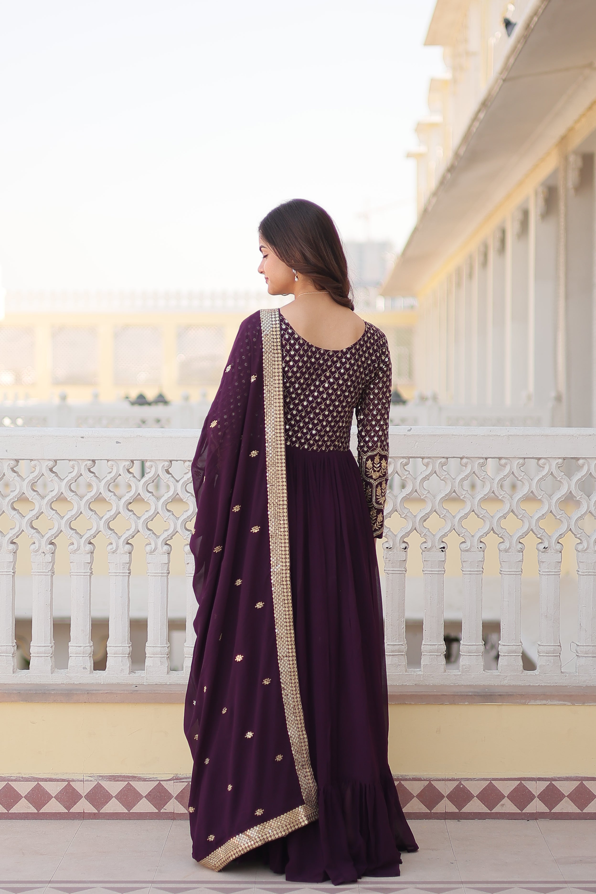 Wine Faux Blooming Sequined Zari Embroidered Anarkali Kurta Set