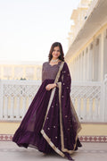 Wine faux blooming Anarkali kurta featuring Zari embroidery and sequin work with matching dupatta