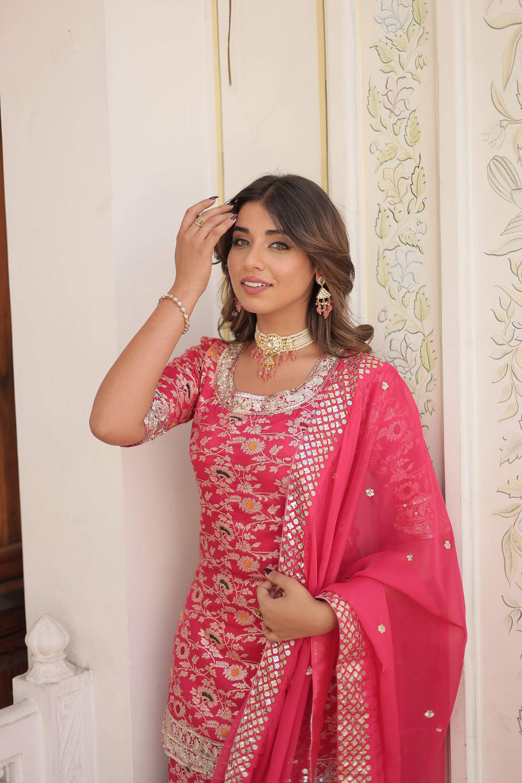 Jyoti Fashion Women's Rani Pink Viscose Jacquerd Sequins with Zari Embroidered Gharara Set