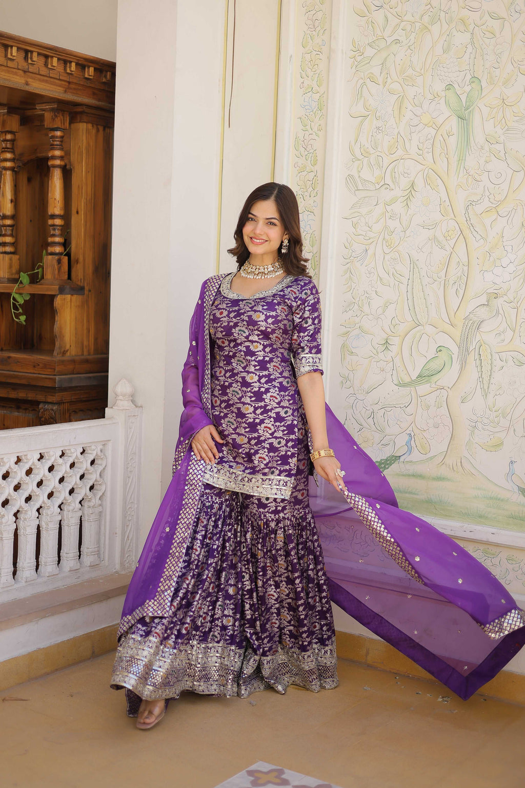 Purple Viscose Jacquard Sequins Zari Embroidered Gharara Set