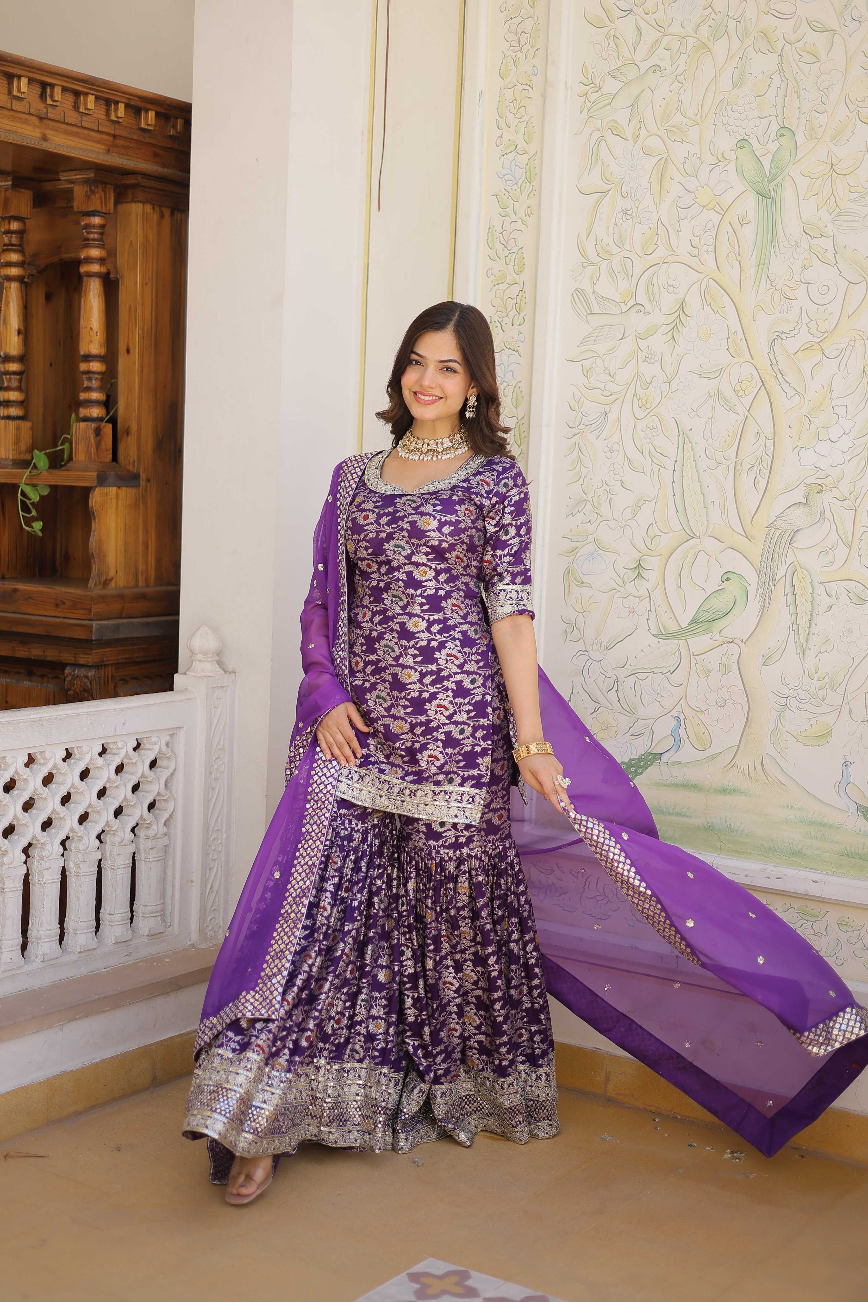 Purple Viscose Jacquard Sequins Zari Embroidered Gharara Set
