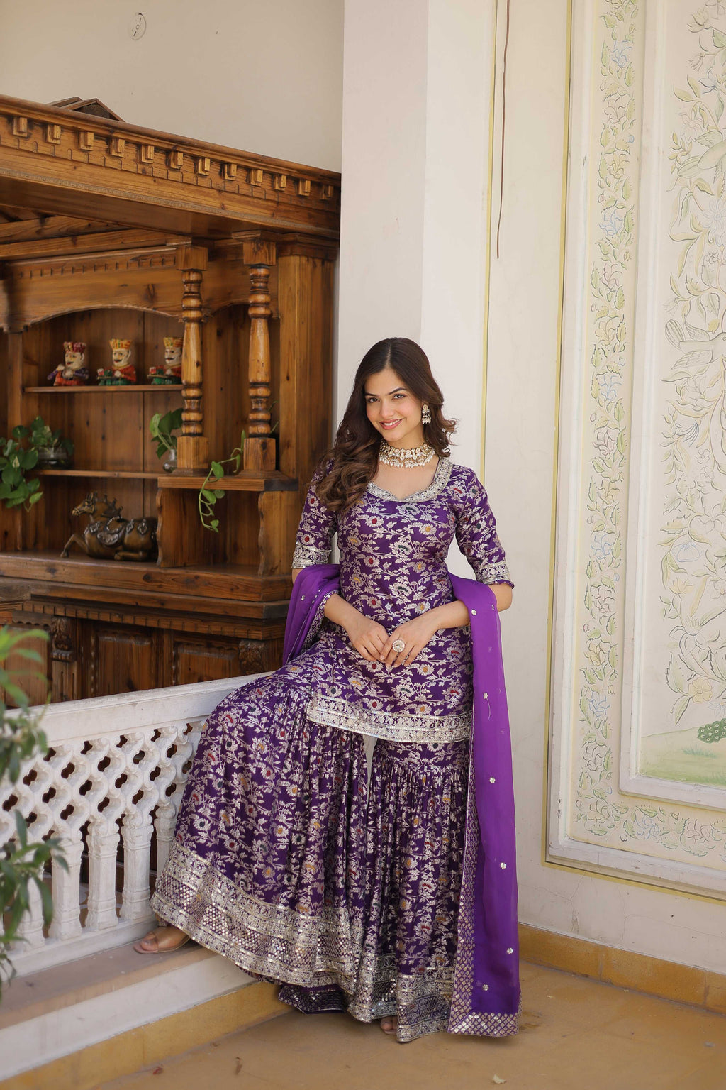 Purple Viscose Jacquard Sequins Zari Embroidered Gharara Set