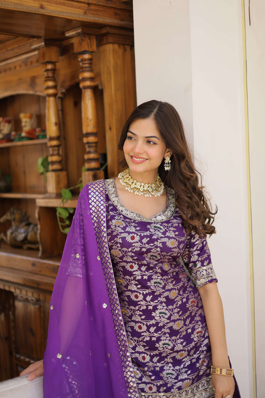 Purple Viscose Jacquard Sequins Zari Embroidered Gharara Set