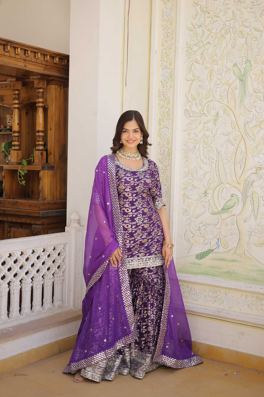 Purple Viscose Jacquard gharara set with Zari embroidery and sequin embellishments.