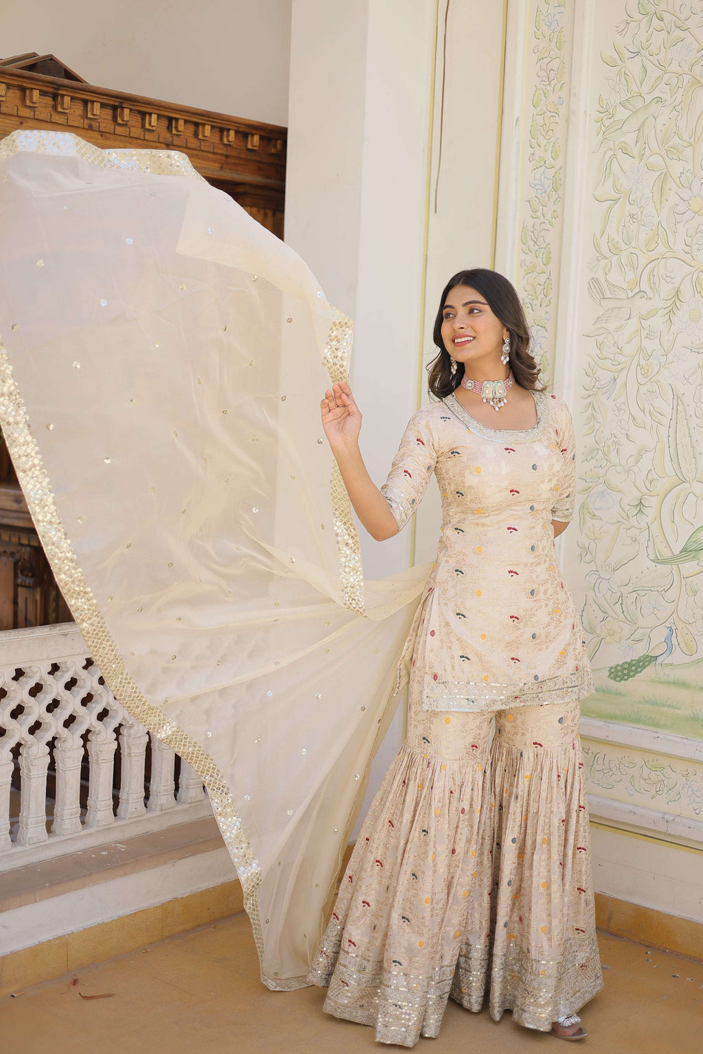Jyoti Fashion Women's Off White Viscose Jacquerd Sequins with Zari Embroidered Gharara Set
