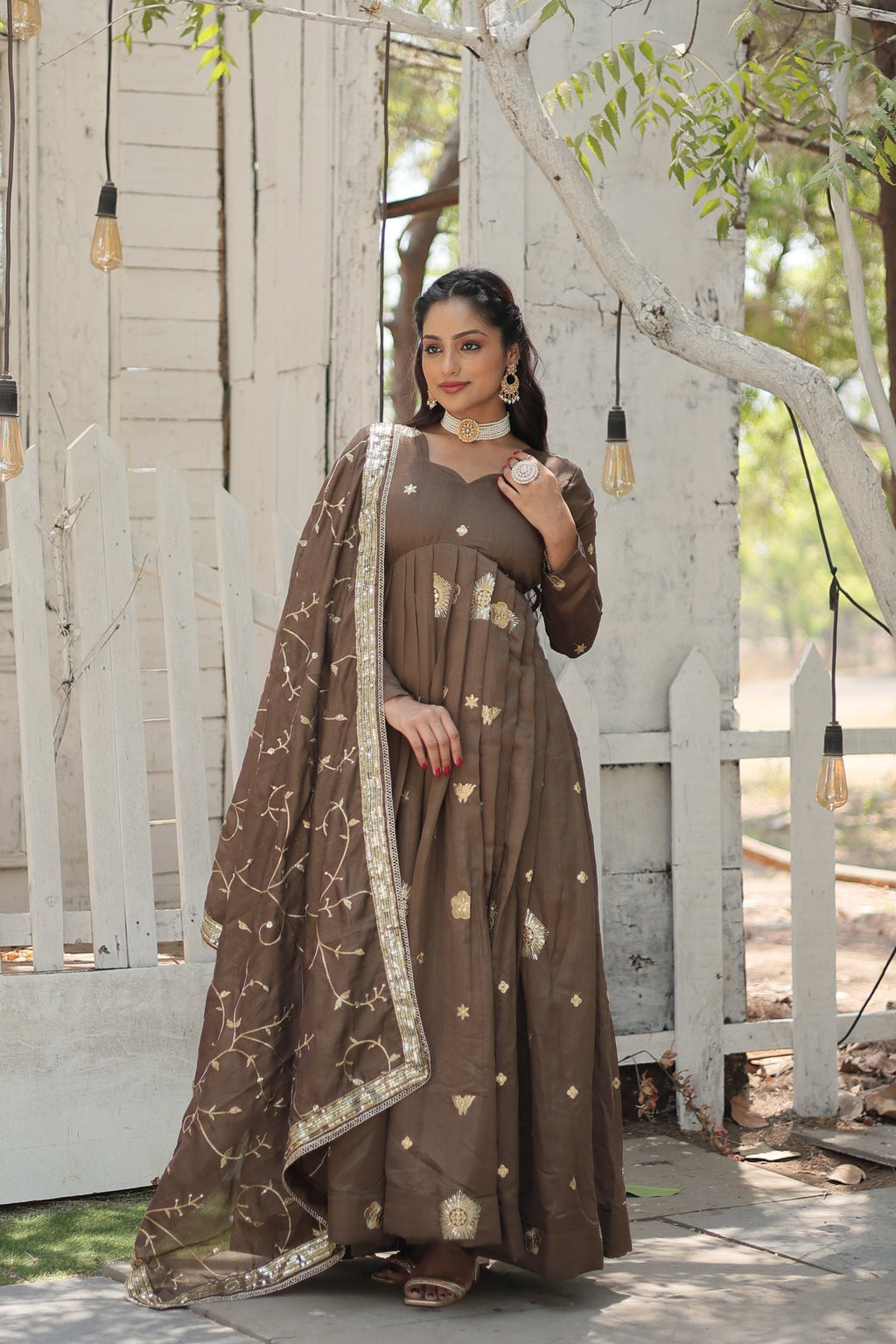 Women's Brown Vichitra Shimmer Sequins Embroidered Anarkali Kurta