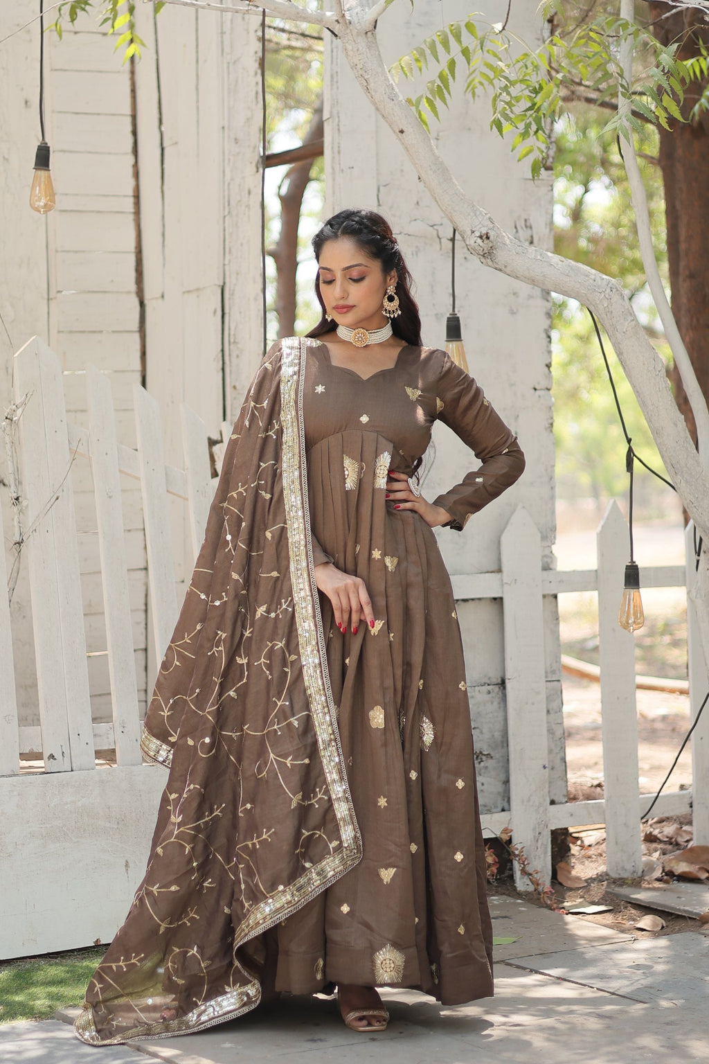 Women's Brown Vichitra Shimmer Sequins Embroidered Anarkali Kurta
