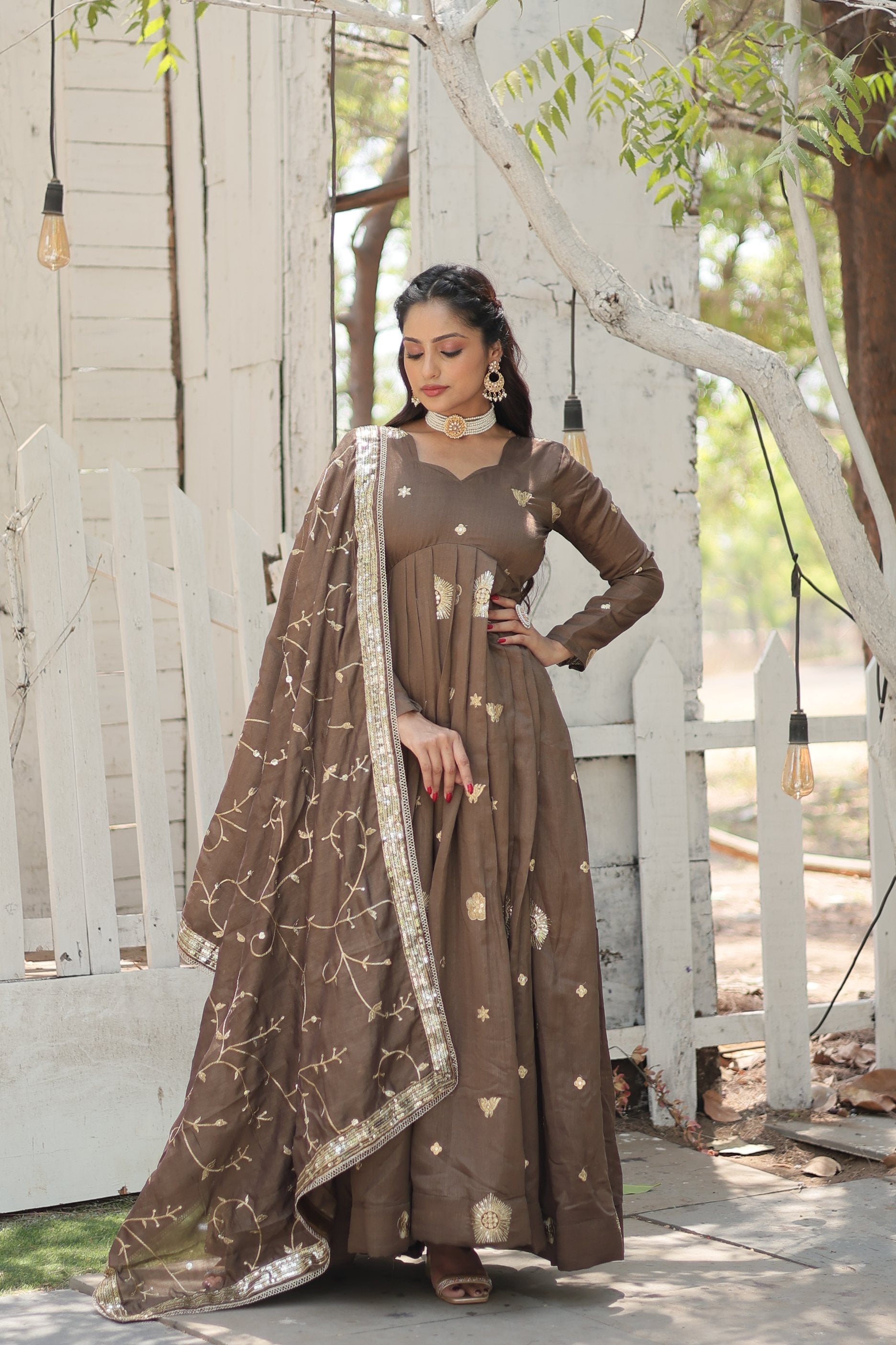 Women's Brown Vichitra Shimmer Sequins Embroidered Anarkali Kurta