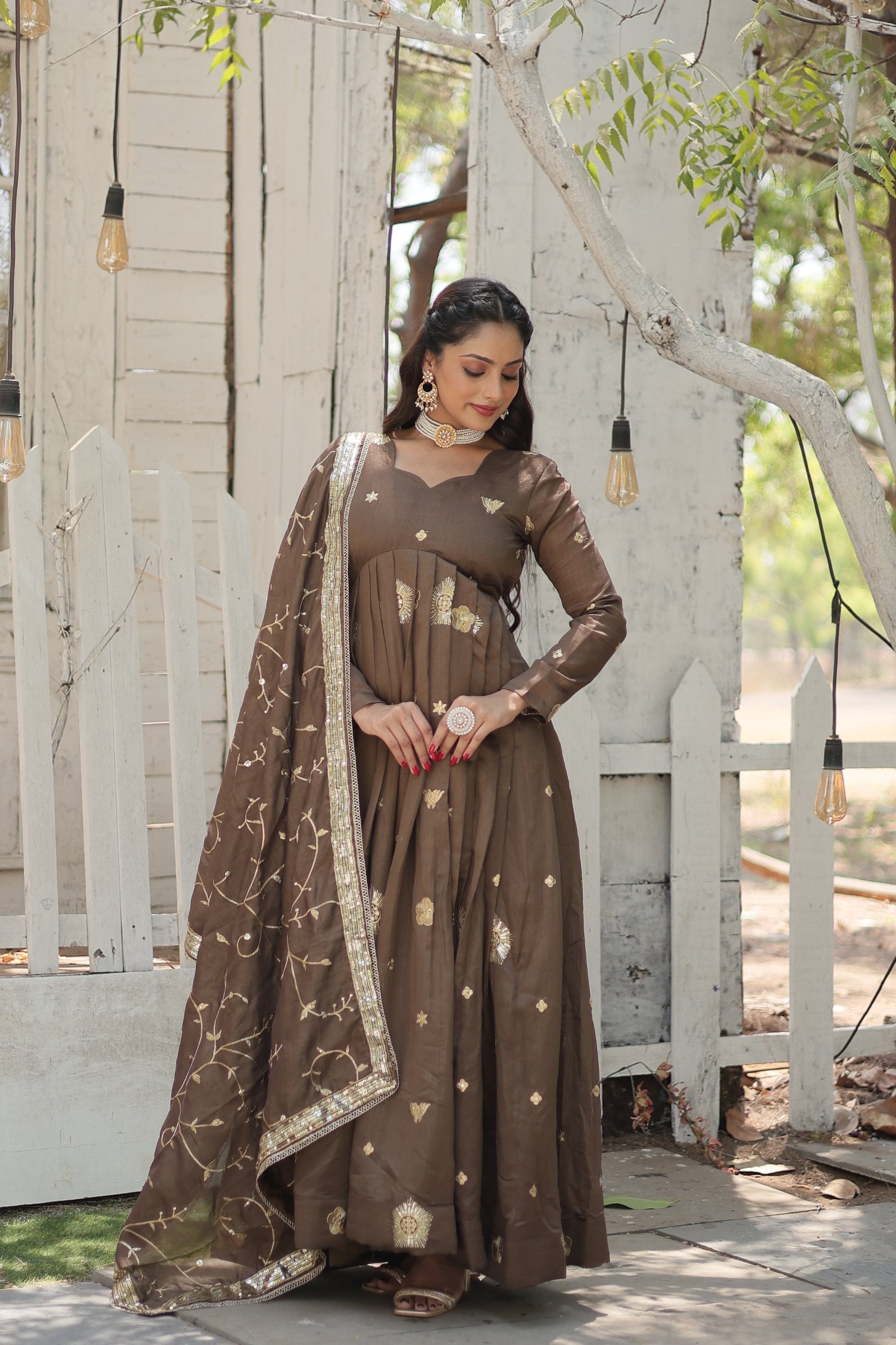 Women's Brown Vichitra Shimmer Sequins Embroidered Anarkali Kurta