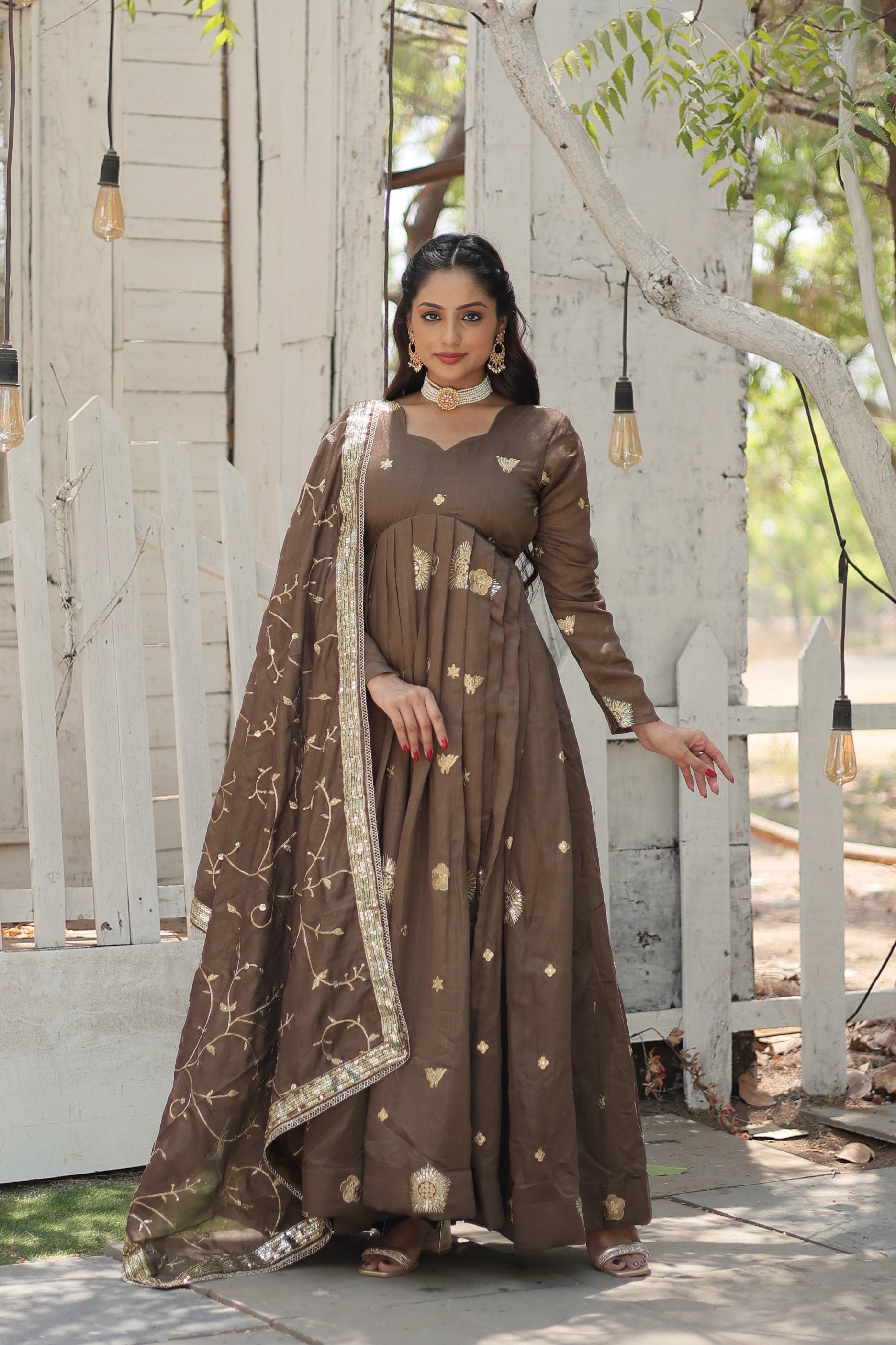 Front view of a brown floor-length Vichitra shimmer Anarkali kurta with sequins and embroidery