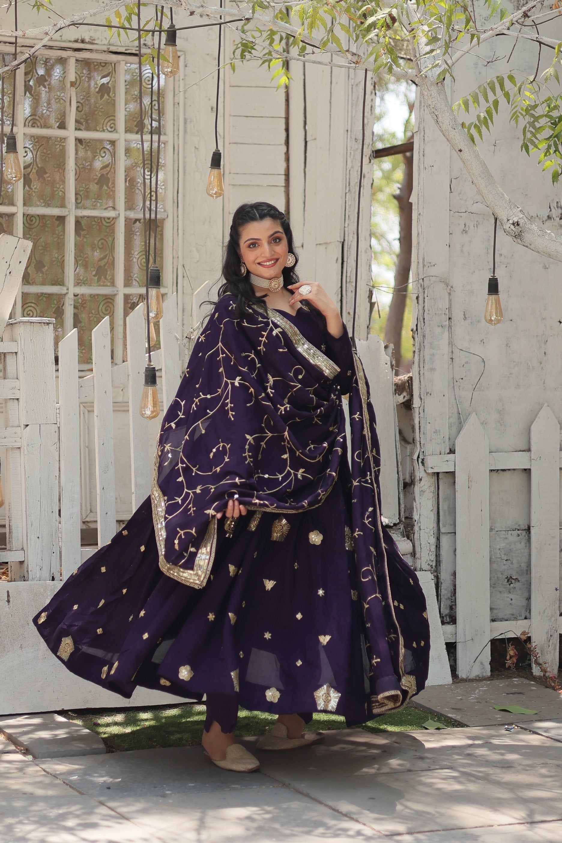 Purple Vichitra Shimmer Sequins Embroidered Anarkali Kurta Set