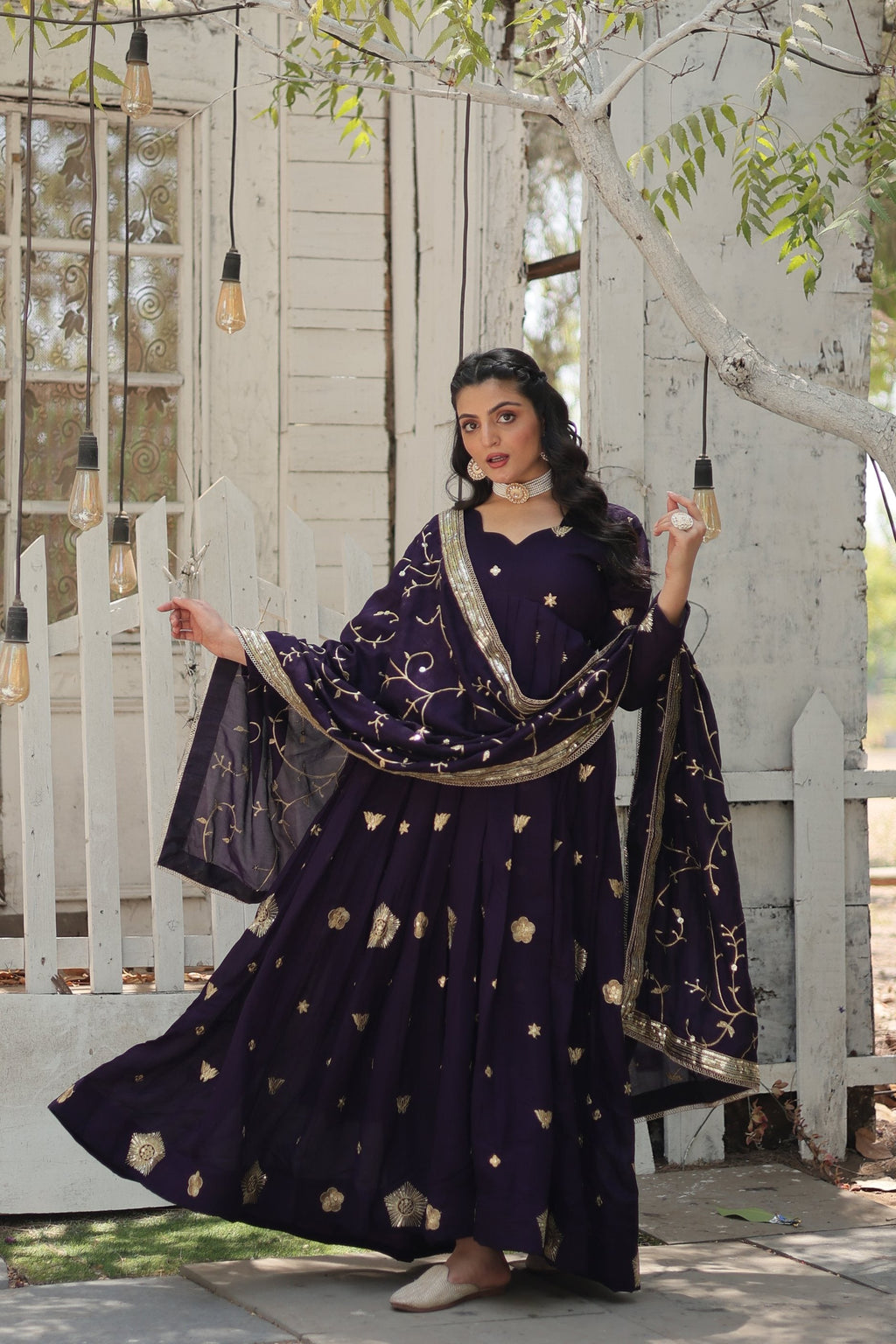 Purple Vichitra Shimmer Sequins Embroidered Anarkali Kurta Set