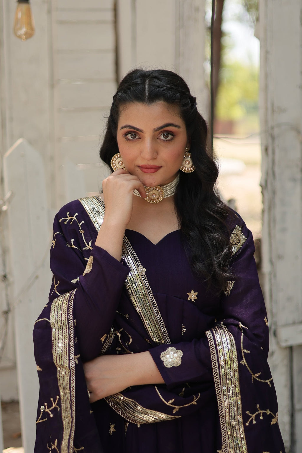 Purple Vichitra Shimmer Sequins Embroidered Anarkali Kurta Set