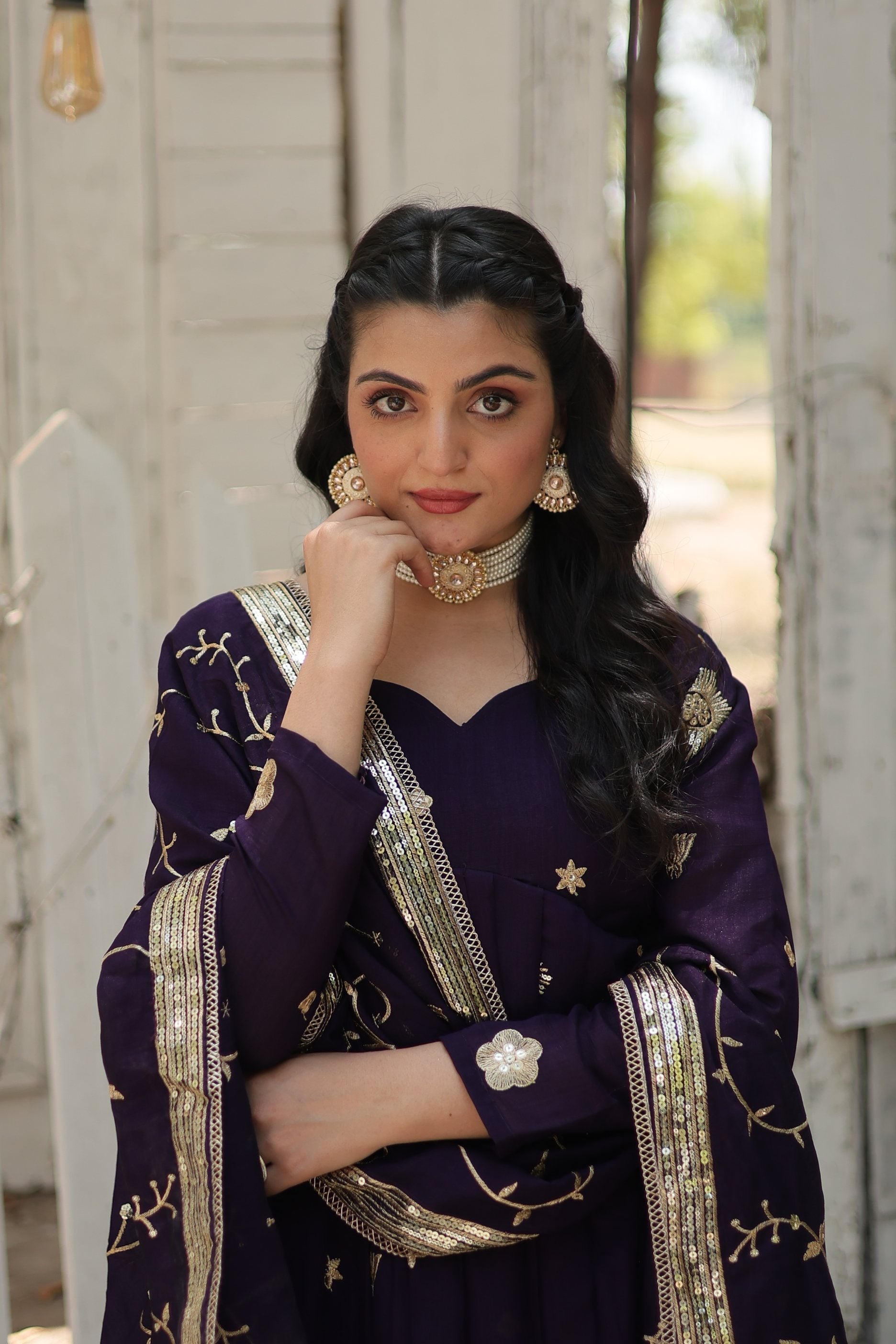Purple Vichitra Shimmer Sequins Embroidered Anarkali Kurta Set