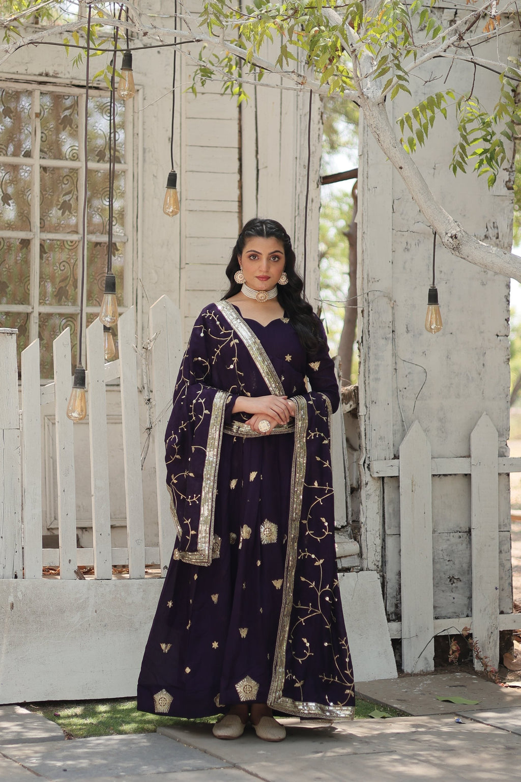 Purple Vichitra Shimmer Anarkali kurta with sequins and embroidery, paired with a matching dupatta.
