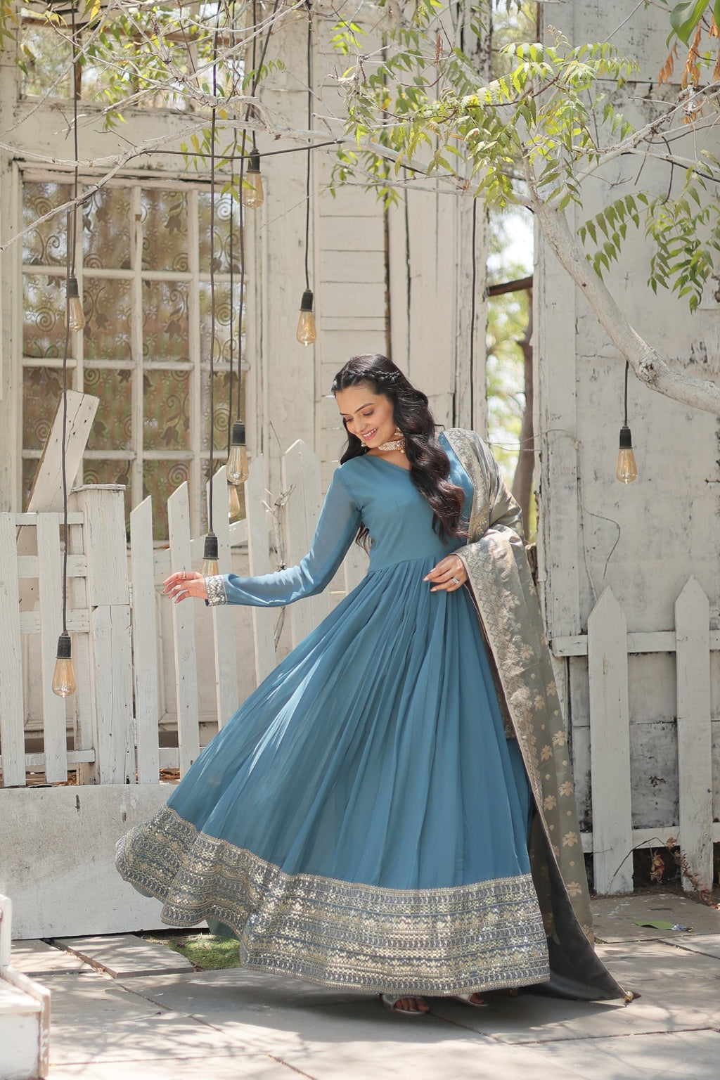 Sky Blue Faux Georgette Sequins Embroidered Anarkali Kurta Set